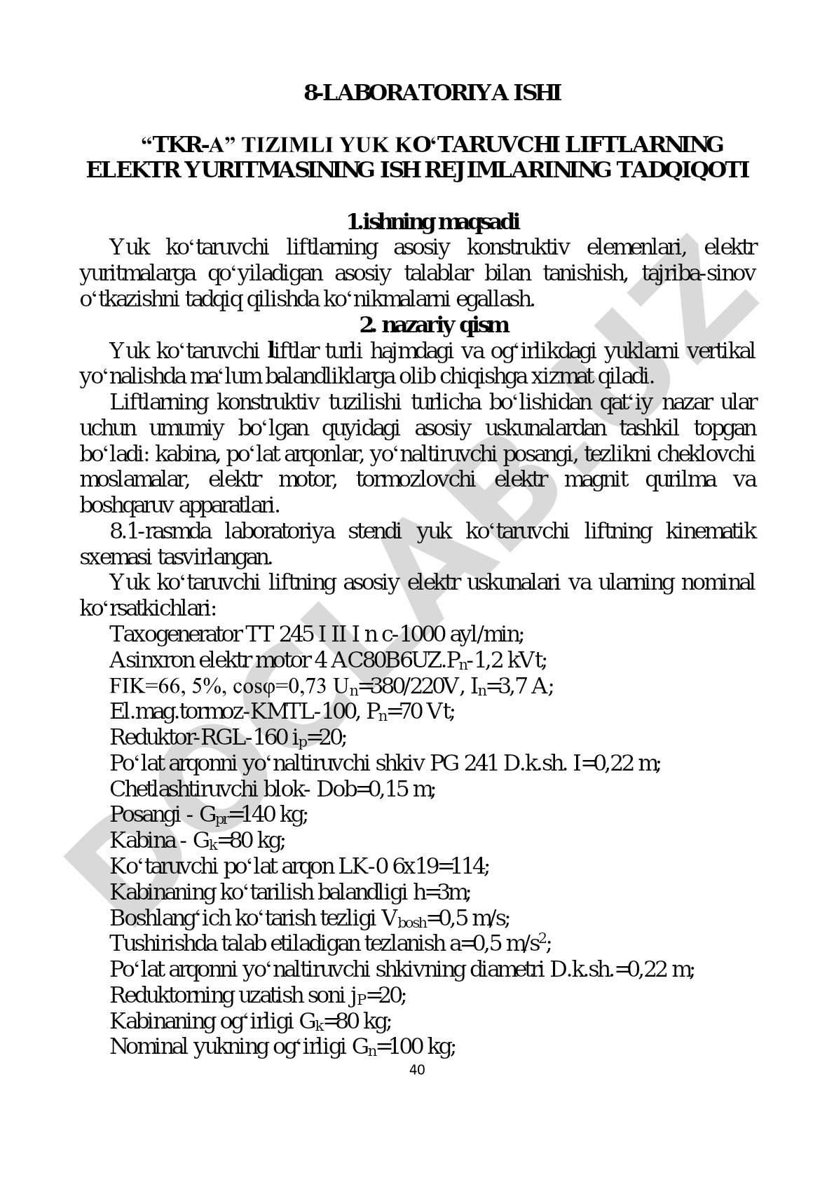 TKR-A tizimli yuk koʻtaruvchi liftlarning elektr yuritmasining ish rejimlarining tadqiqoti