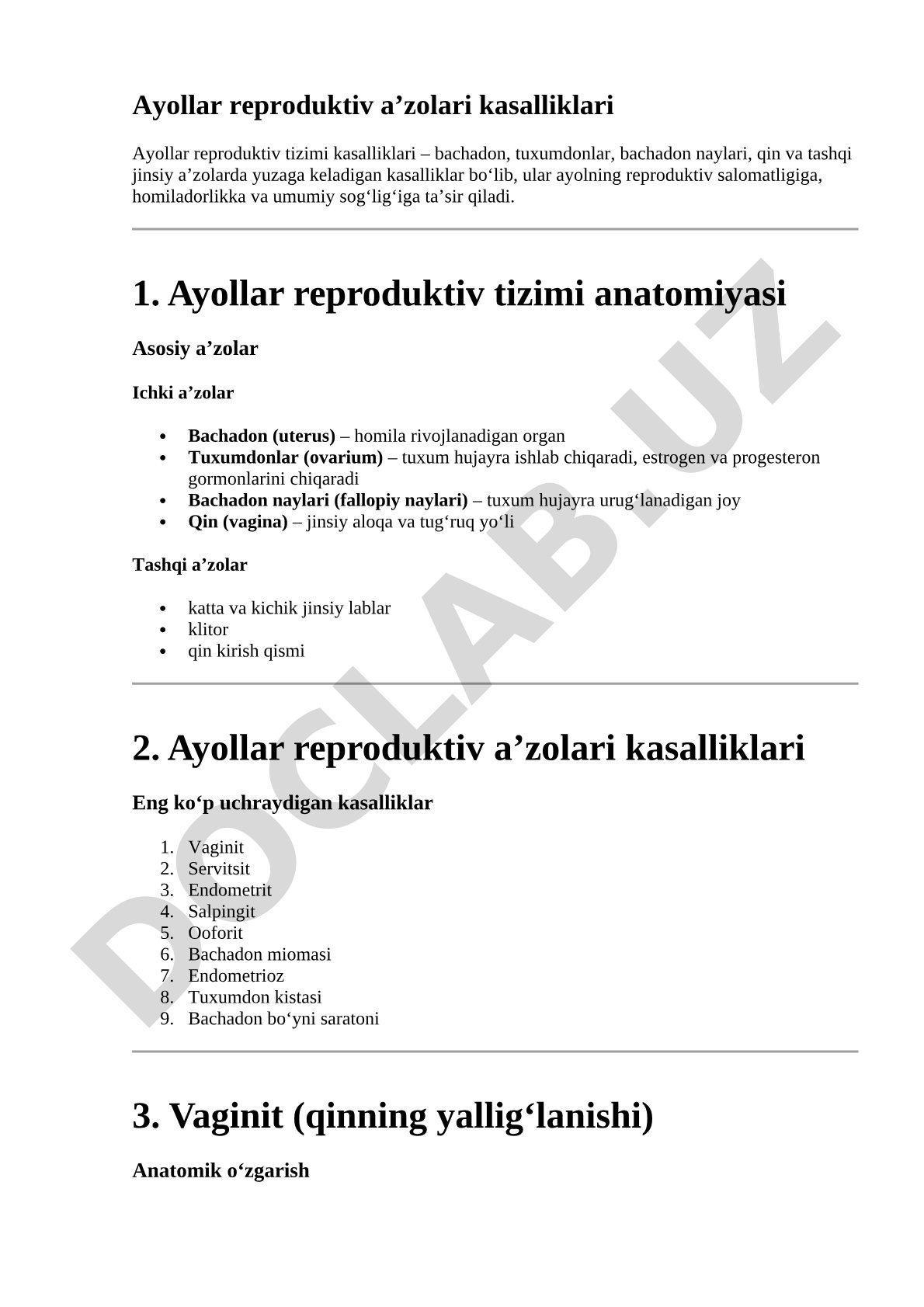 Ayollar reproduktiv a’zolari kasalliklari