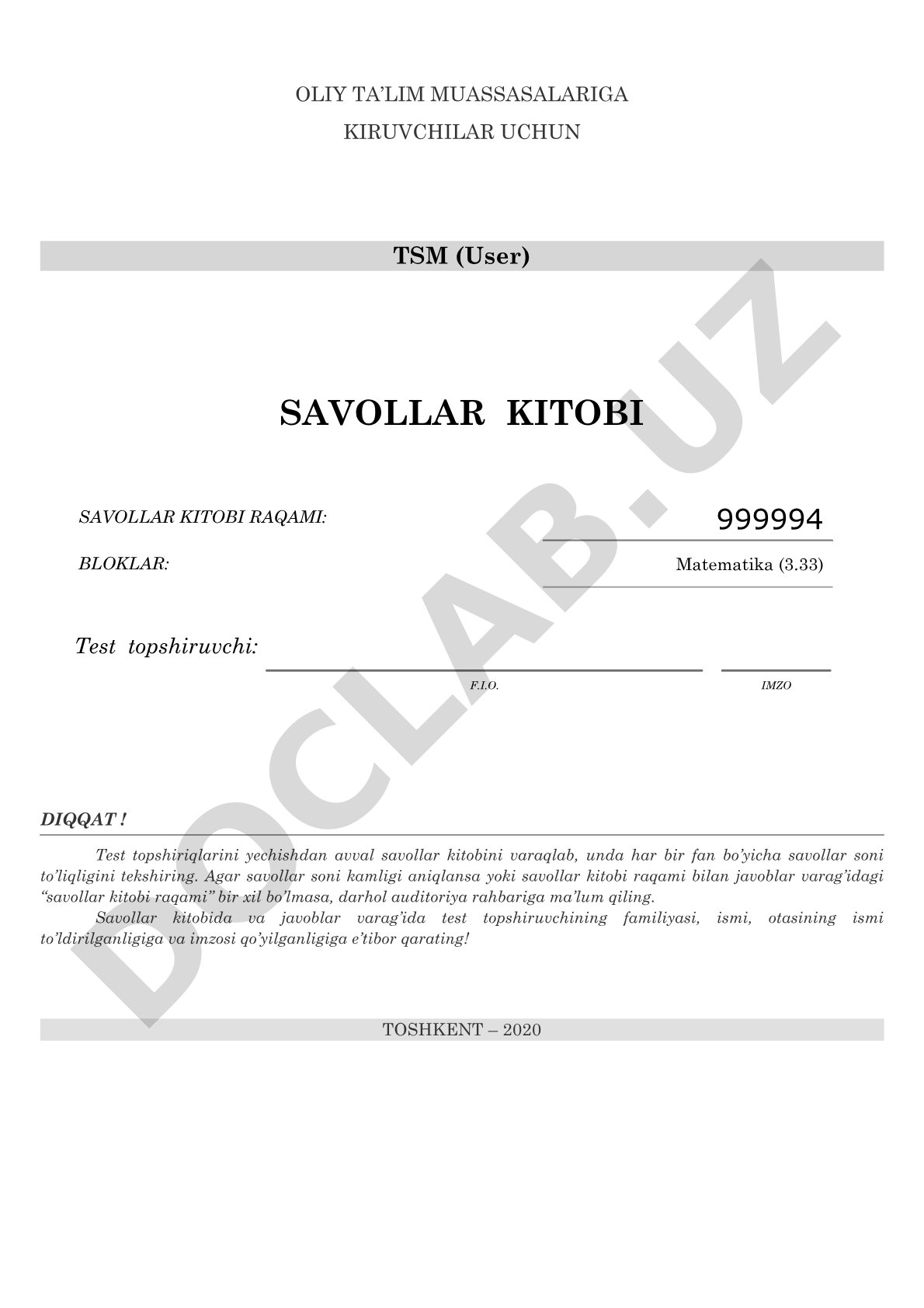 Oliy ta'lim muassasalariga kiruvchilar uchun matematika test savollari