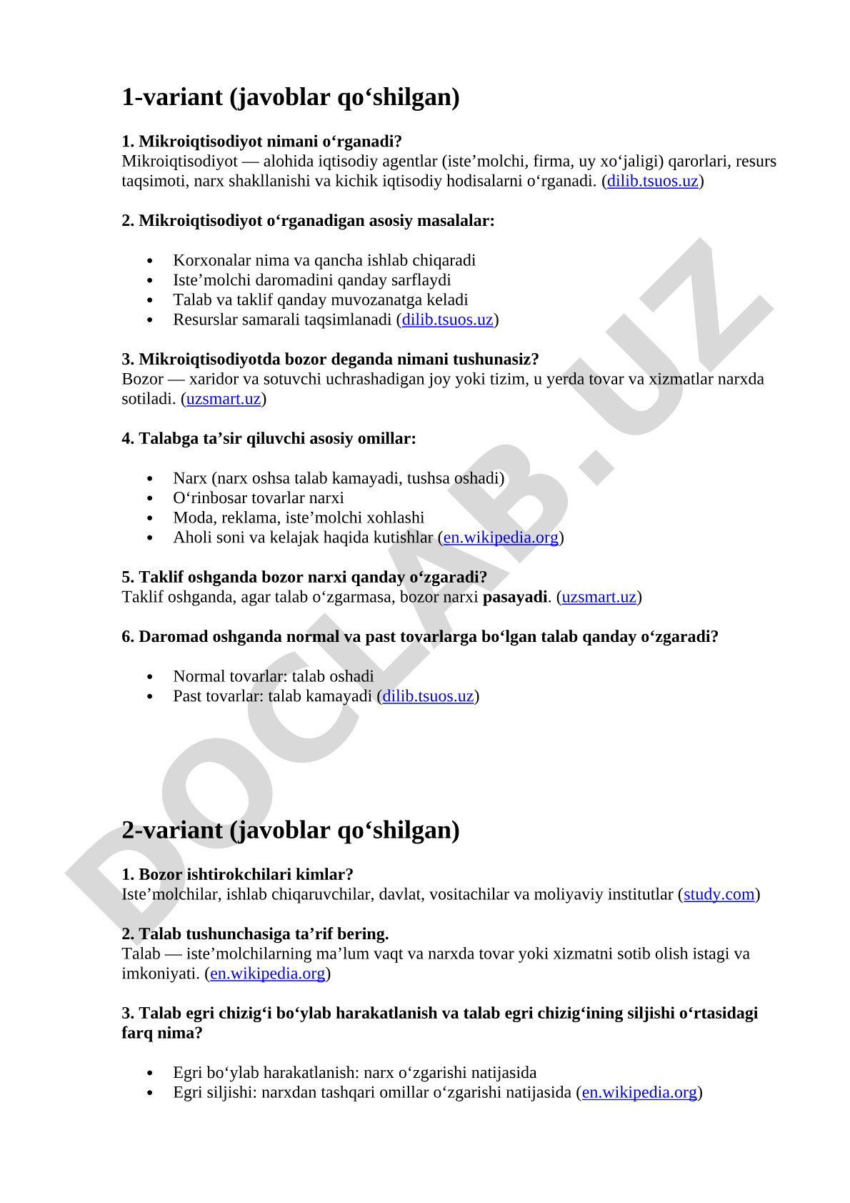 Mikroiqtisodiyot savol-javoblari: talab, taklif, bozor narxi va daromad