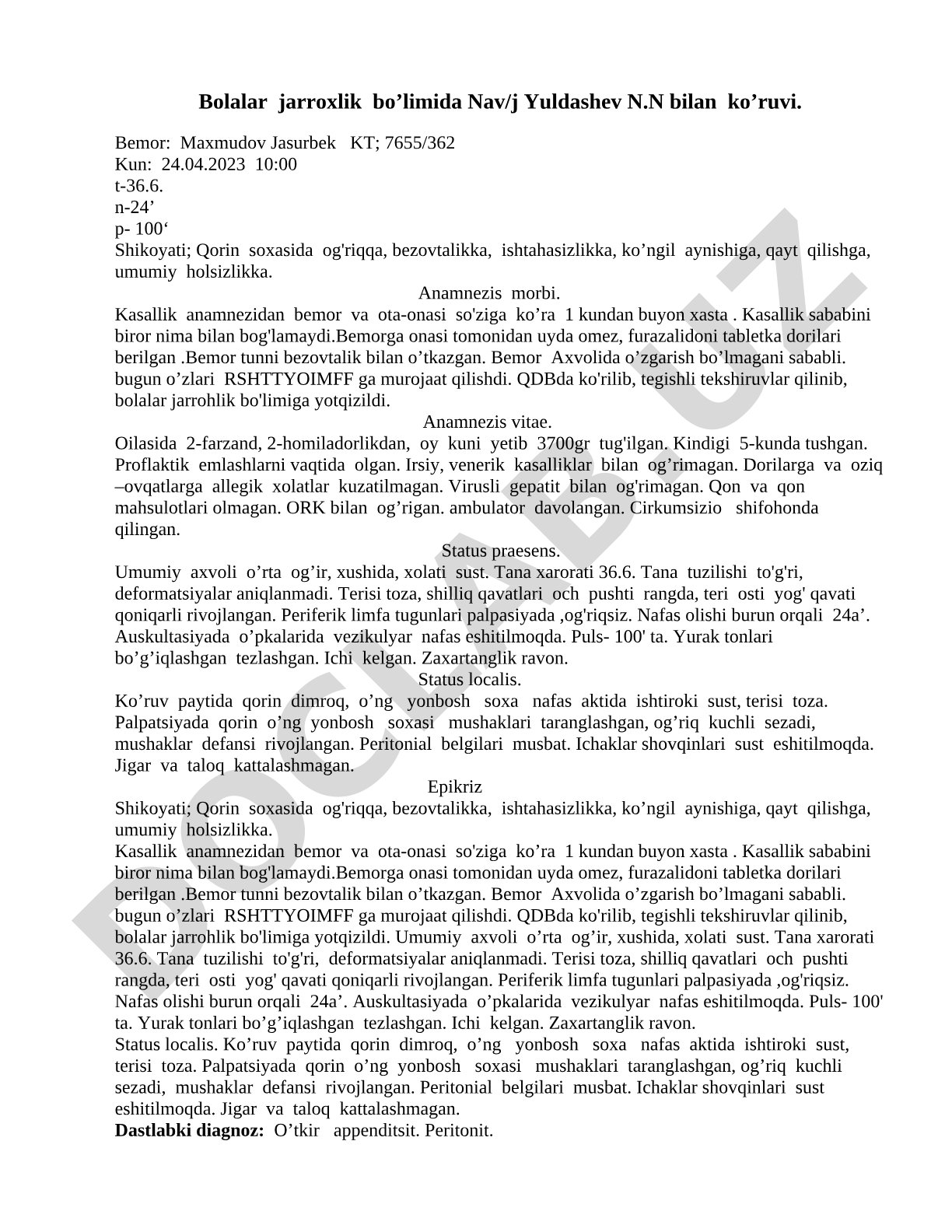 Maxmudov Jasurbekning kasallik tarixi