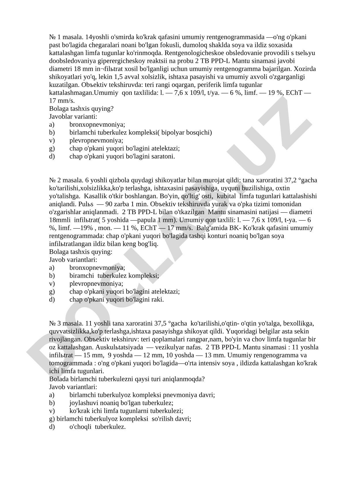 Bolalarda sil kasalligi tashxisiga oid masalalar