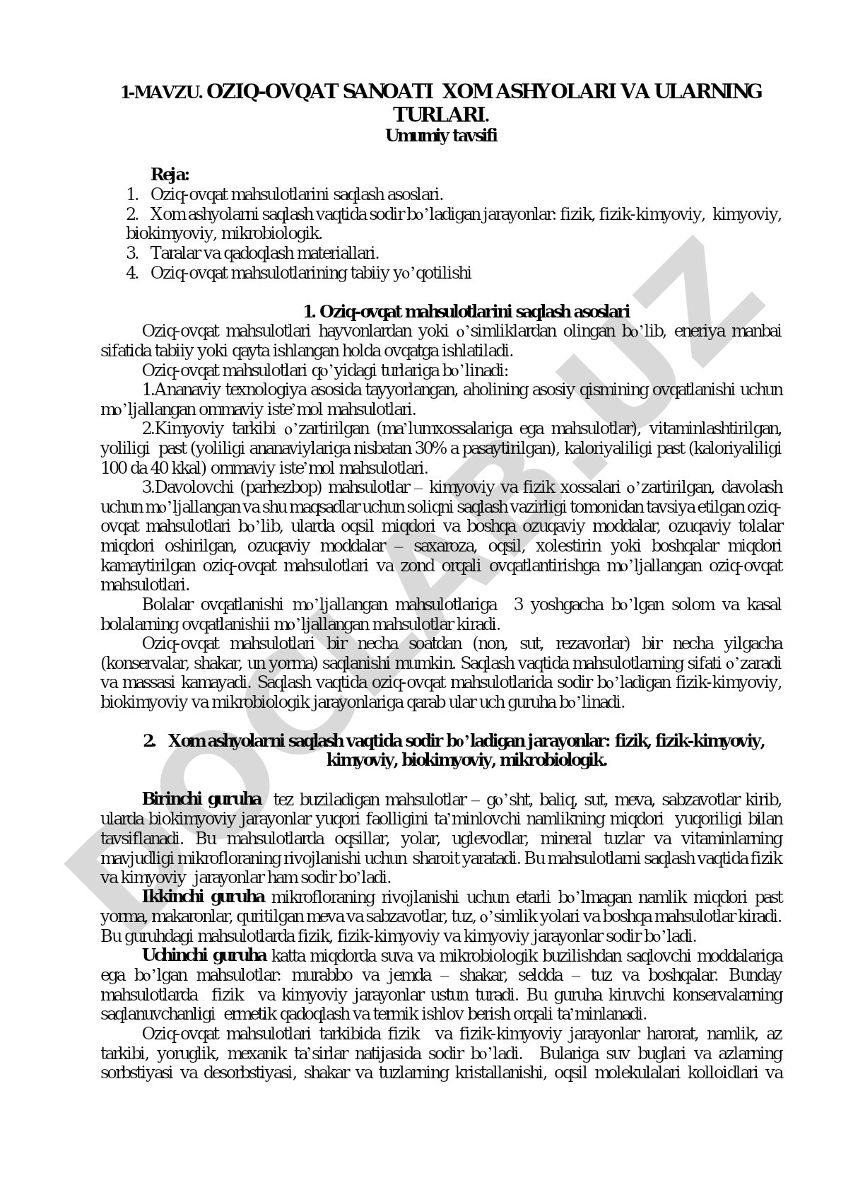 Oziq-ovqat sanoati xom ashyolari va ularning turlari