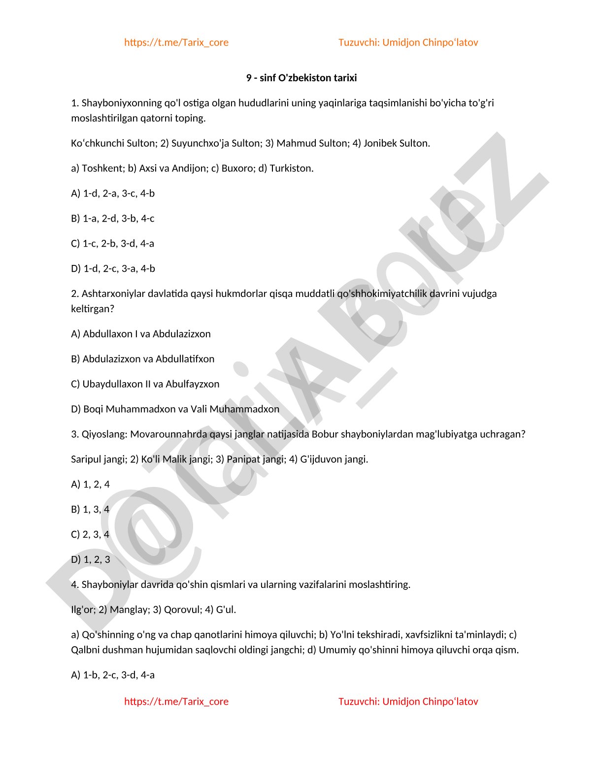 Shayboniylar va Ashtarxoniylar davri test savollari