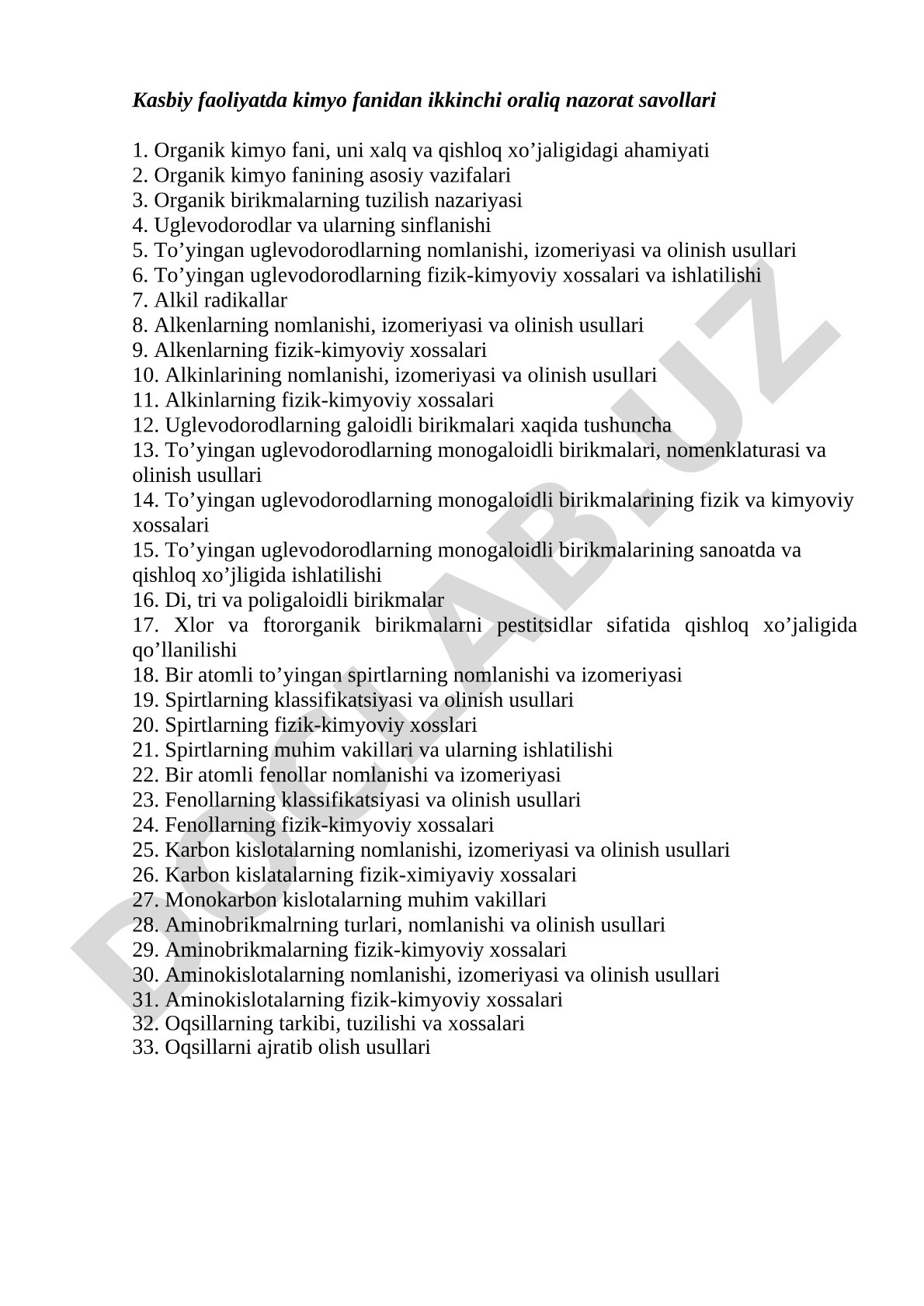 Kasbiy faoliyatda kimyo fanidan ikkinchi oraliq nazorat savollari