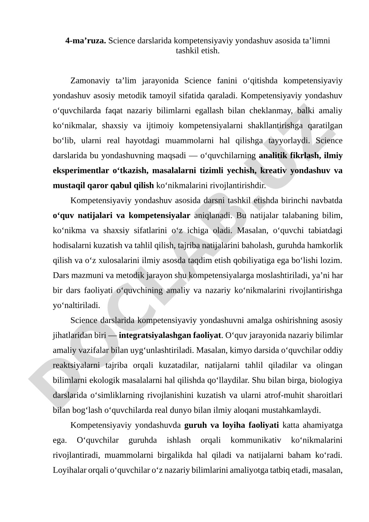 Science darslarida kompetensiyaviy yondashuv asosida ta'limni tashkil etish