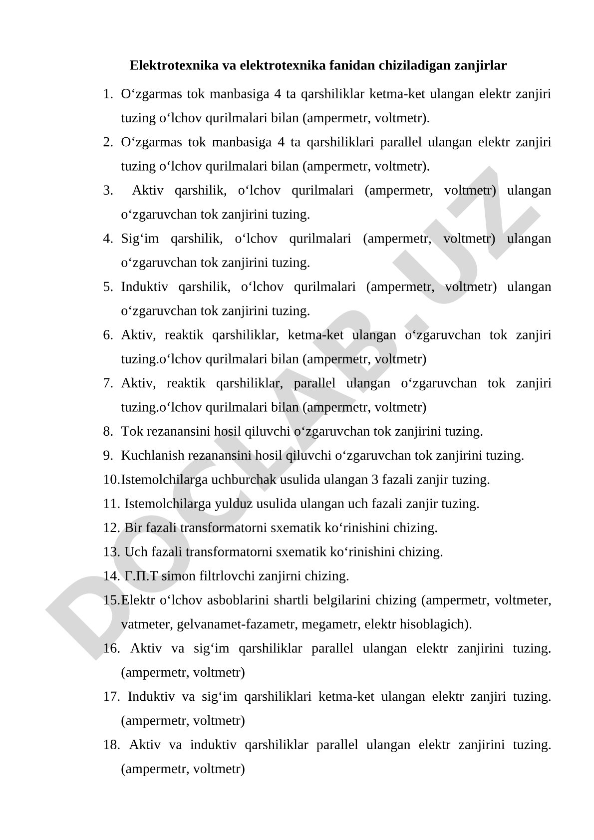 Elektrotexnika va elektrotexnika fanidan chiziladigan zanjirlar