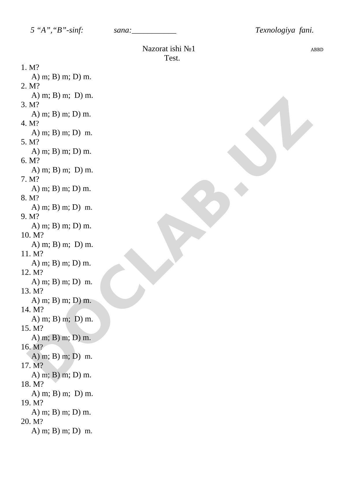 Texnologiya fanidan nazorat ishi №1