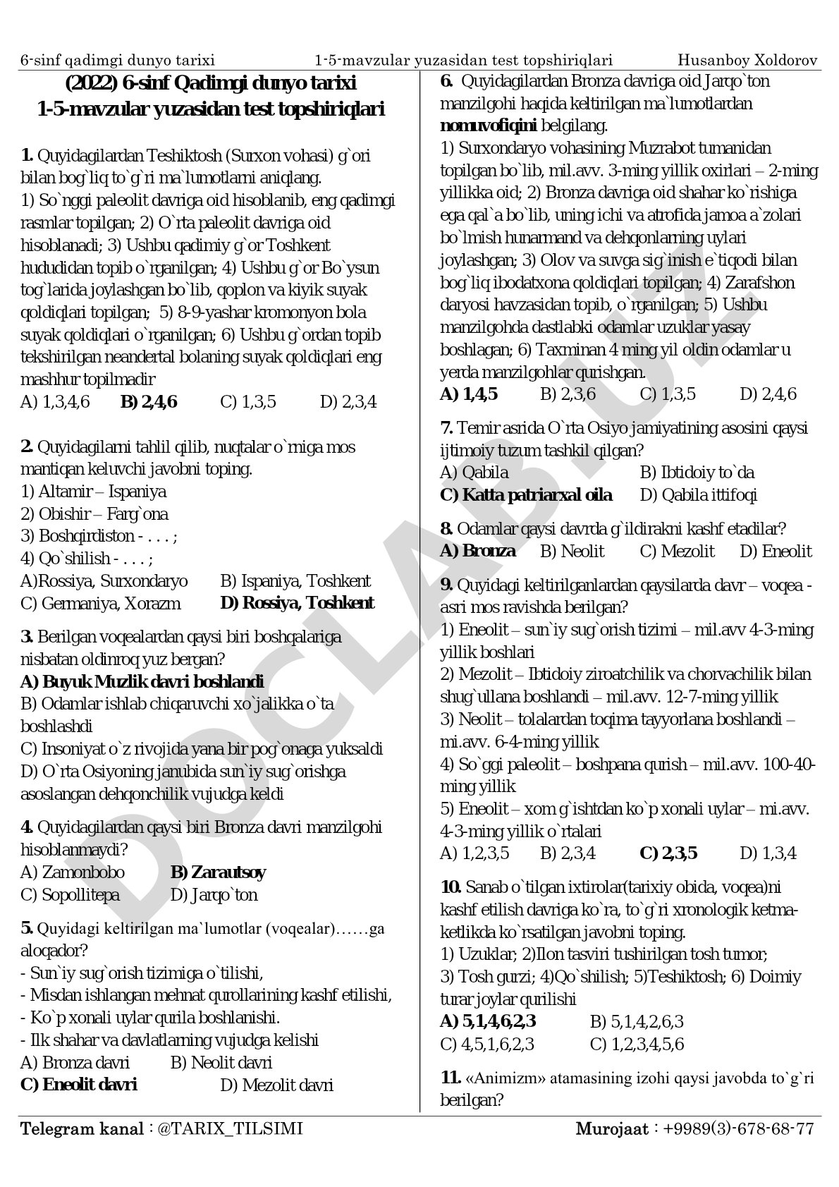 6-sinf Qadimgi dunyo tarixi 1-5-mavzular test topshiriqlari