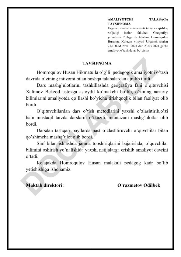Pedagogik amaliyot tavsifnomasi
