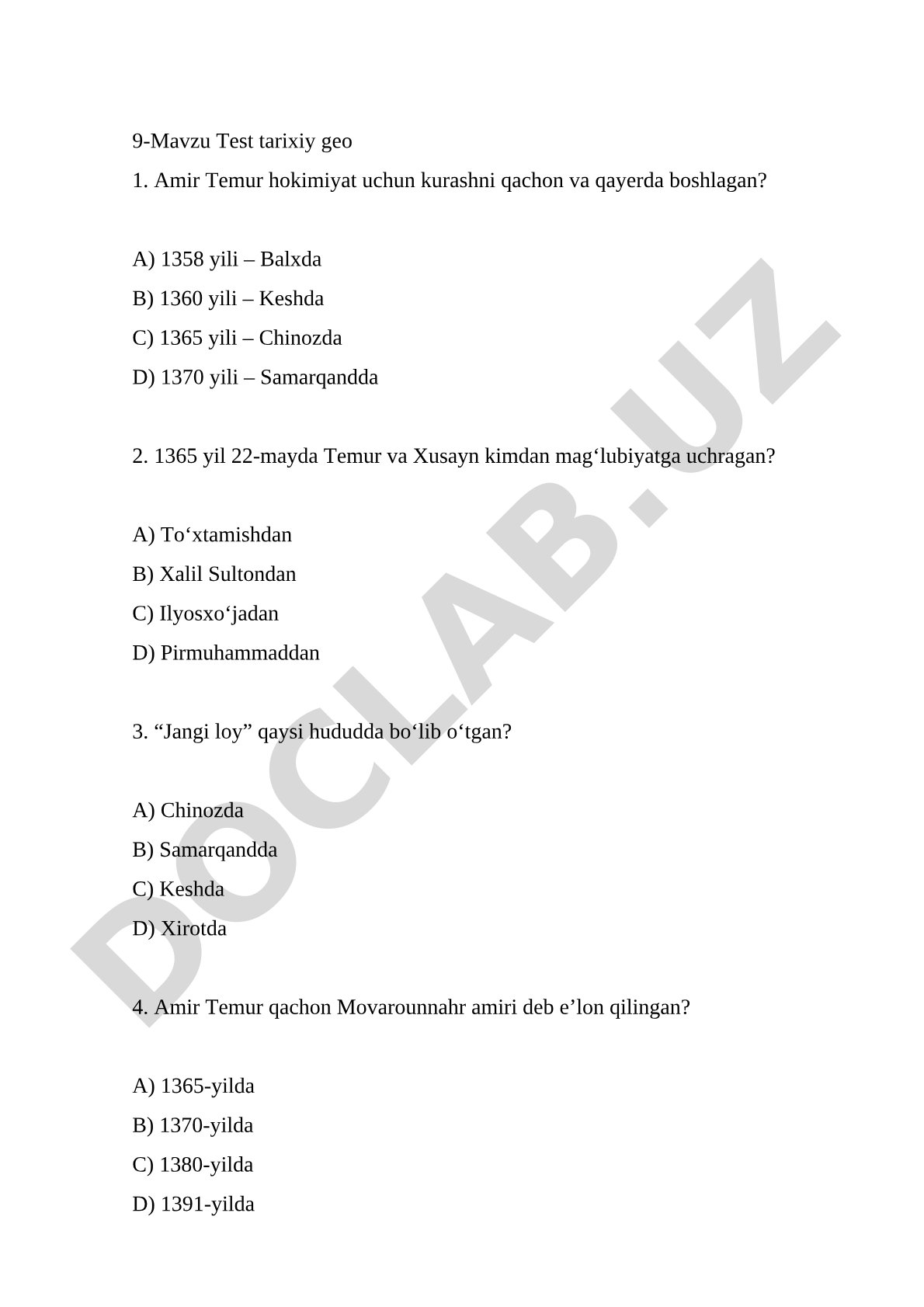 Tarixiy geografiya fanidan test savollari