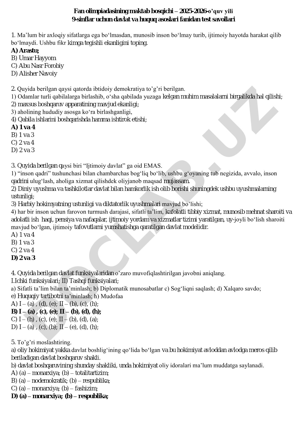 Davlat va huquq asoslari fanidan 9-sinf test savollari