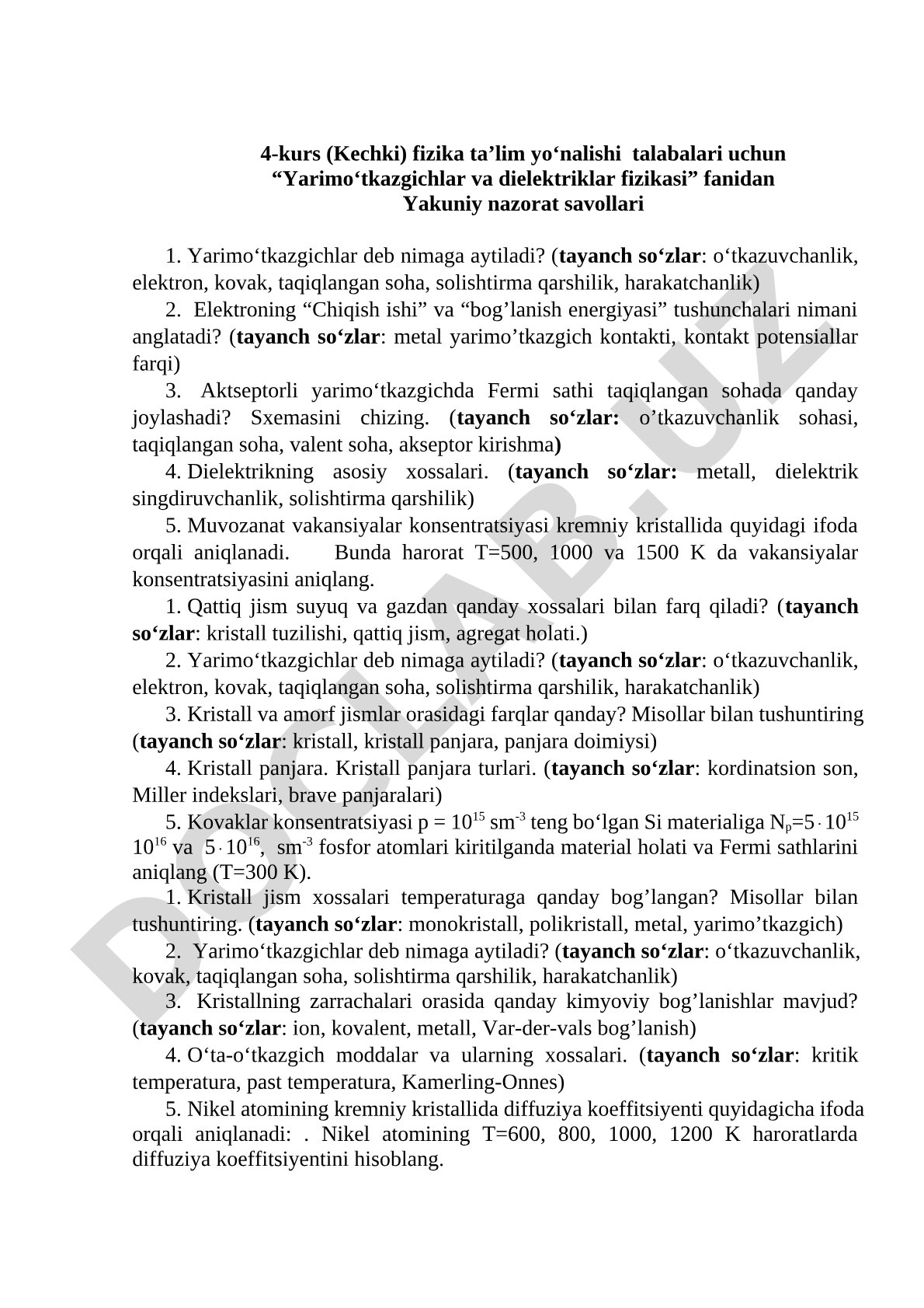 Yarimo'tkazgichlar va dielektriklar fizikasi fanidan yakuniy nazorat savollari