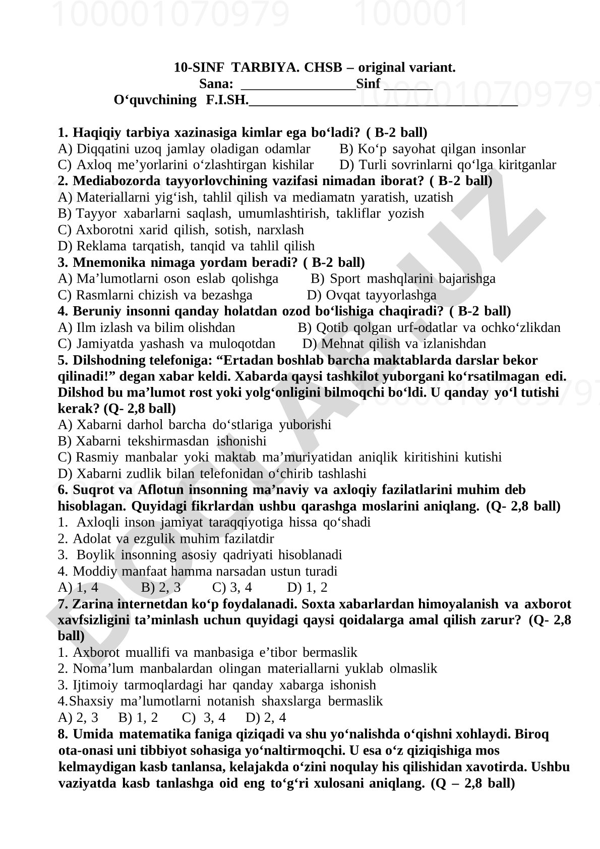 10-sinf Tarbiya fanidan CHSB test savollari