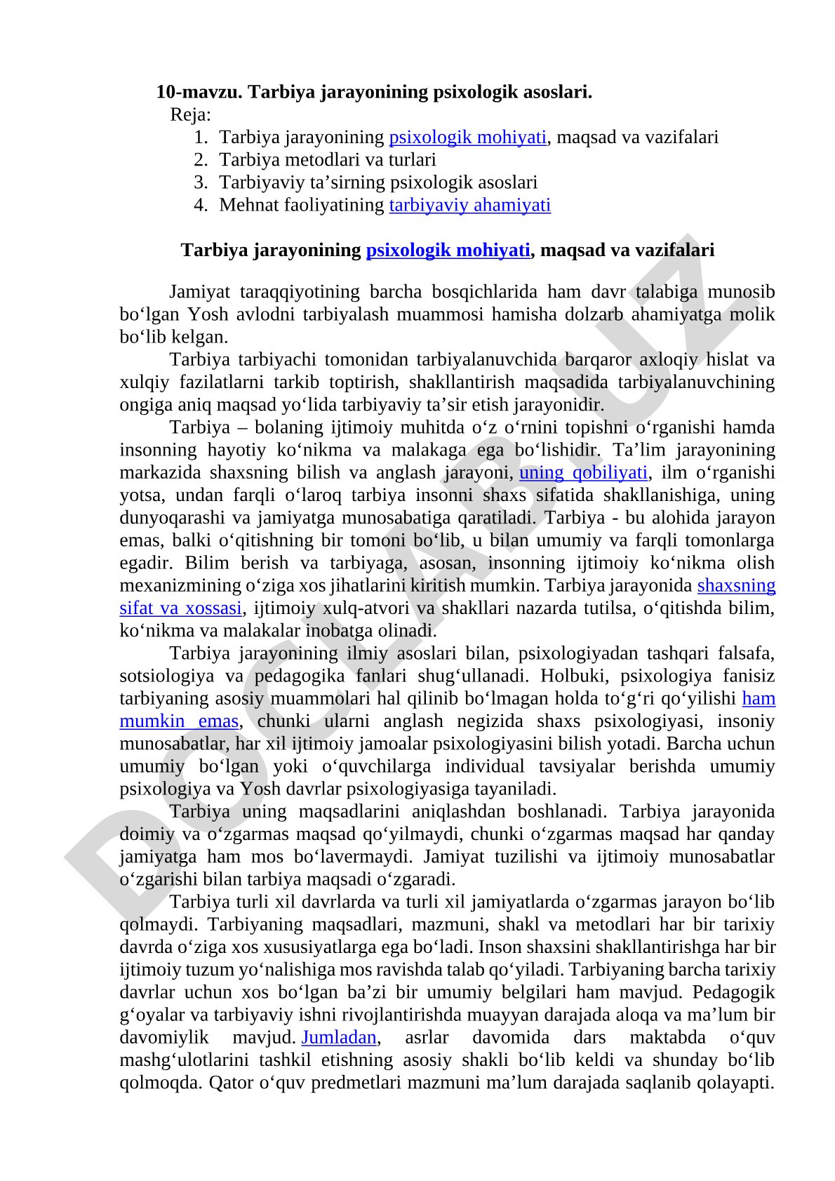 Tarbiya jarayonining psixologik asoslari