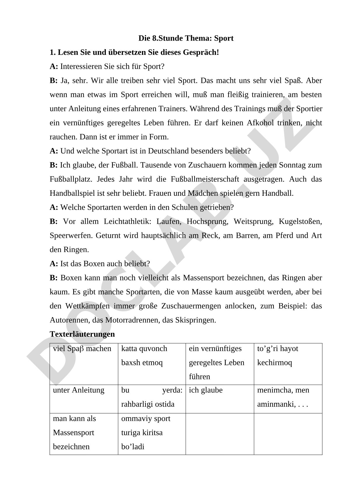 Die 8.Stunde Thema: Sport 1