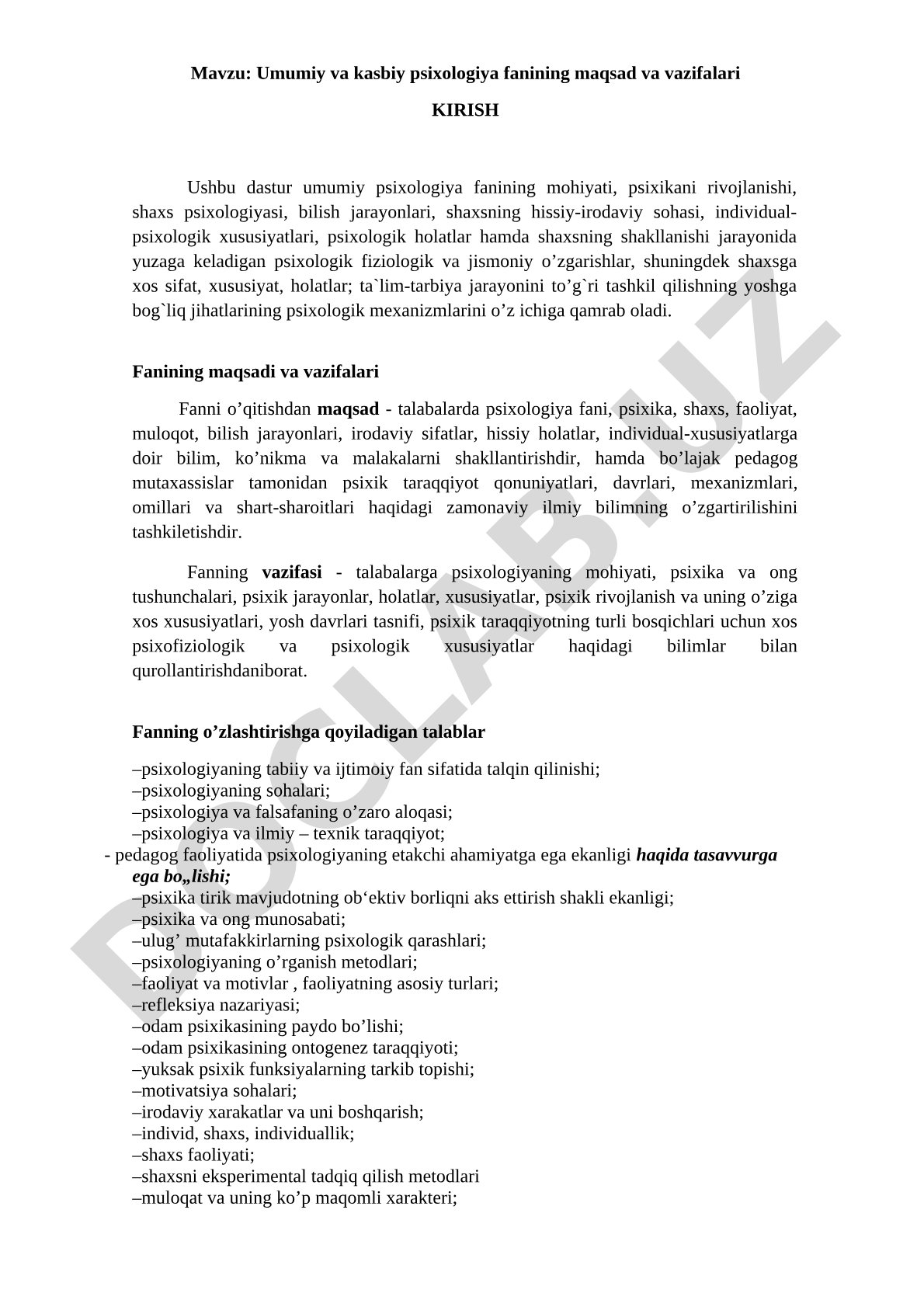 Umumiy va kasbiy psixologiya fanining maqsad va vazifalari