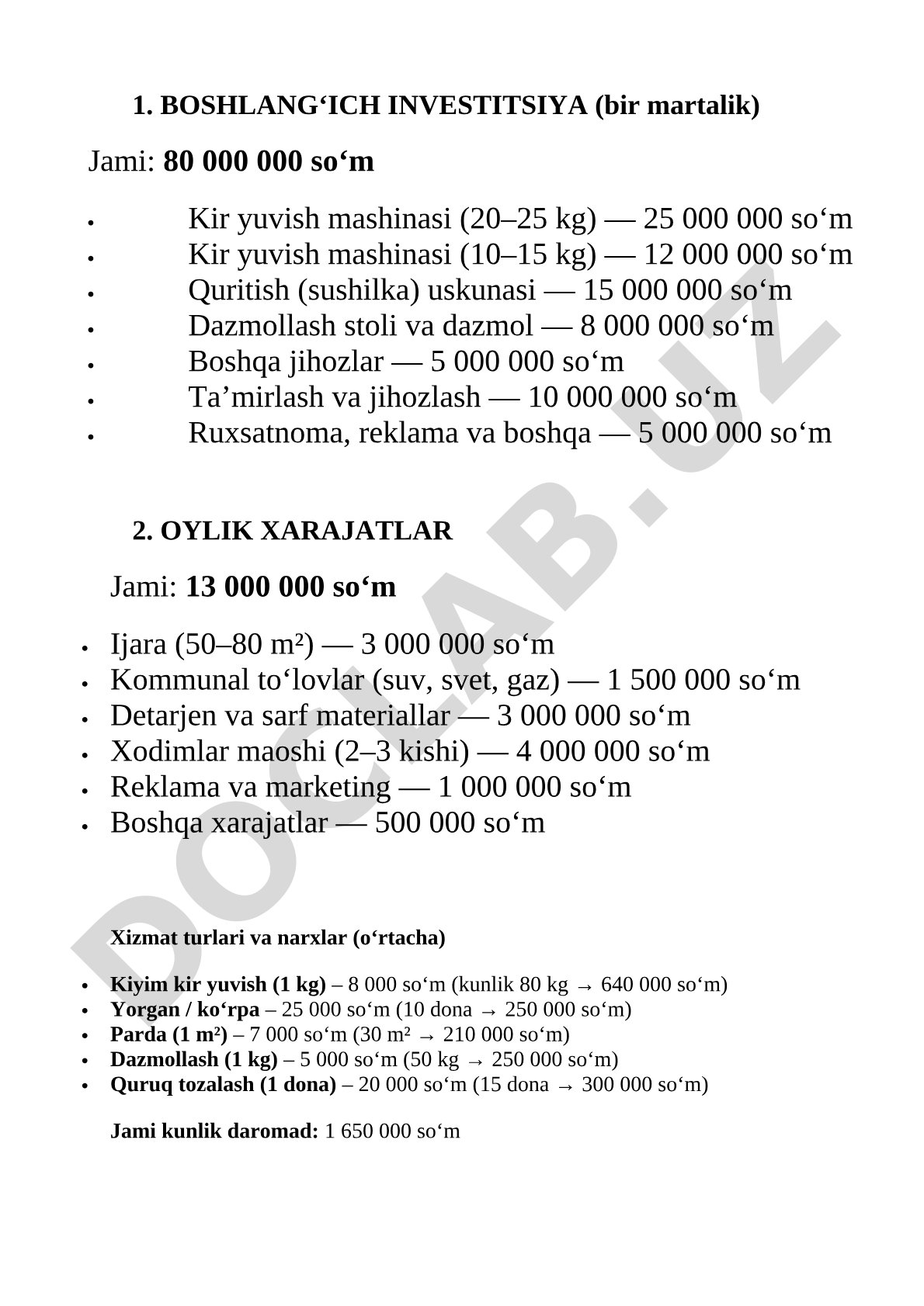 Kir yuvish biznesi uchun boshlang'ich investitsiya va oylik xarajatlar