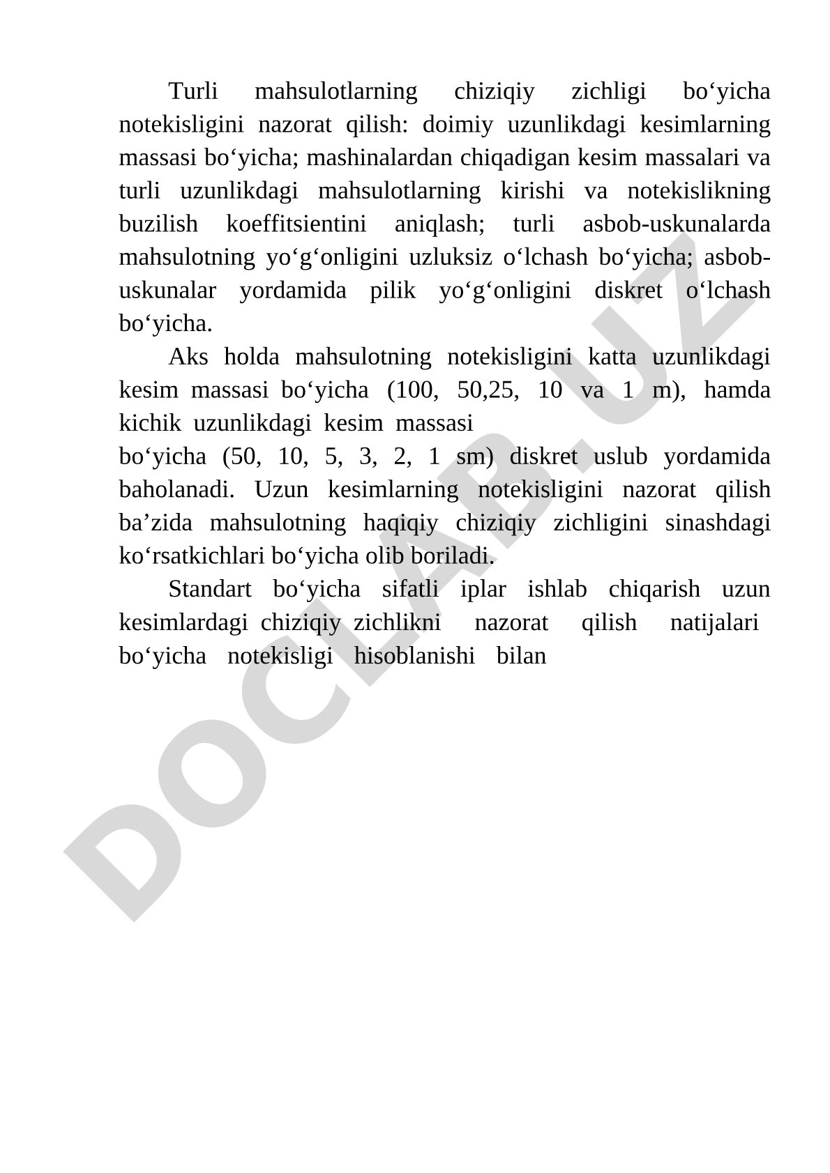 Turli mahsulotlarning chiziqiy zichligi bo‘yicha notekisligini nazorat qilish