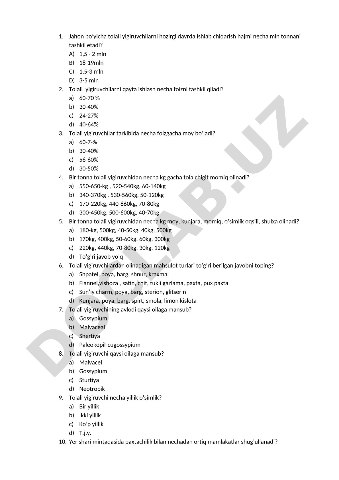 Tolali yigiruvchilar bo'yicha test