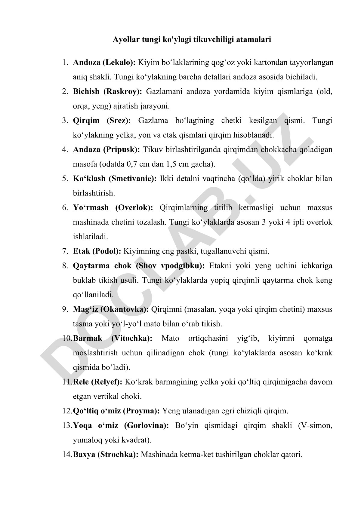 Ayollar tungi ko'ylagi tikuvchiligi atamalari