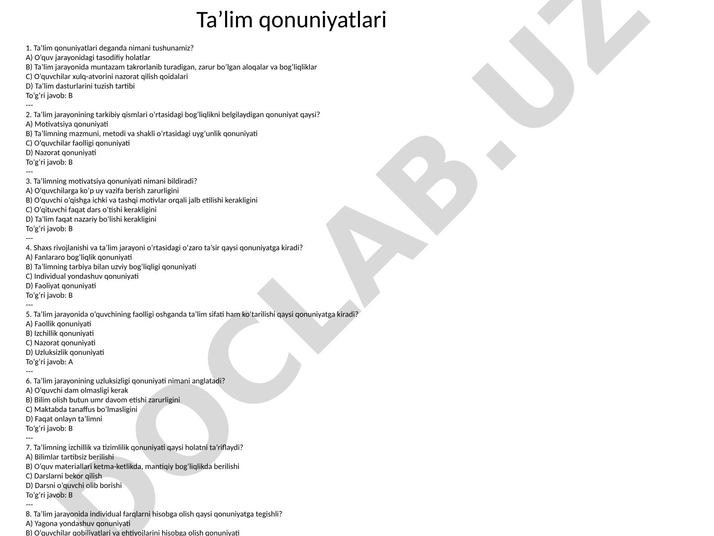 Ta'lim qonuniyatlari test savollari