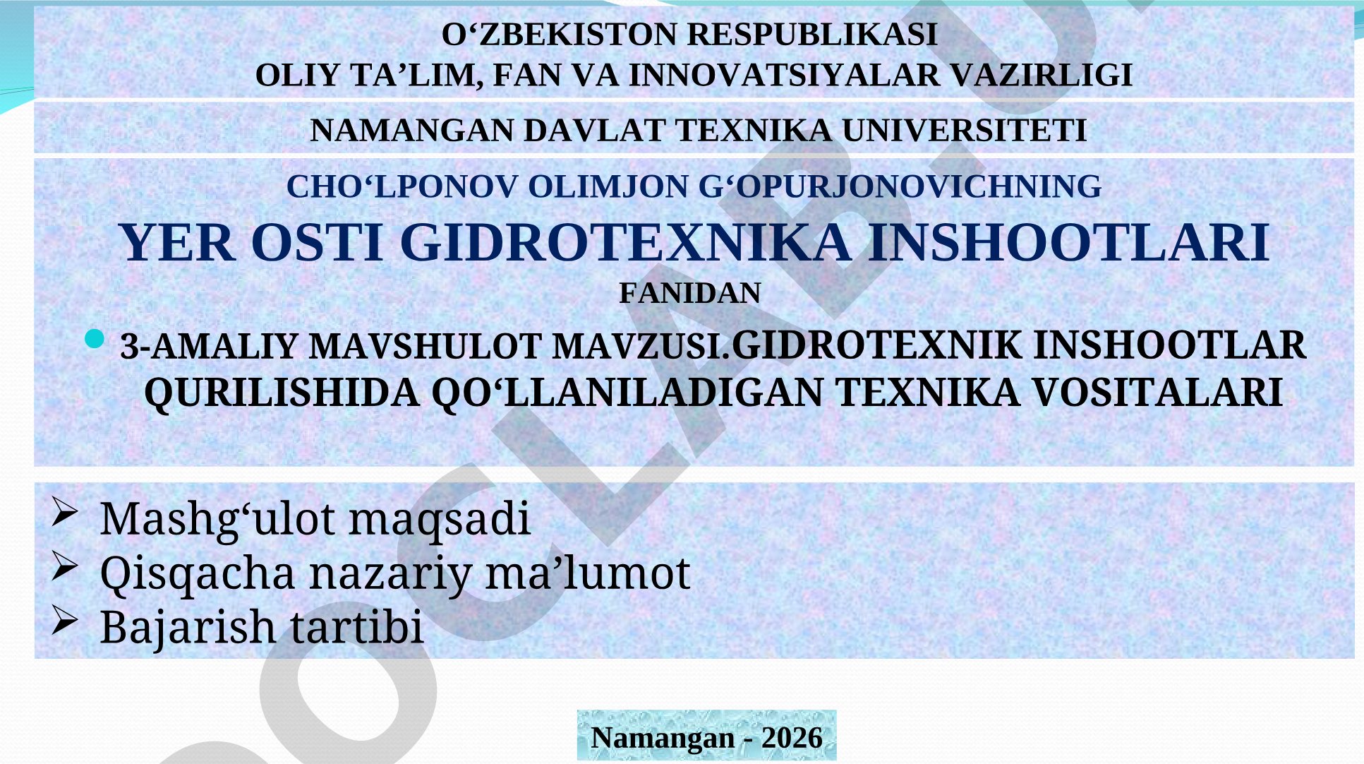 Gidrotexnik inshootlar qurilishida qo‘llaniladigan texnika vositalari