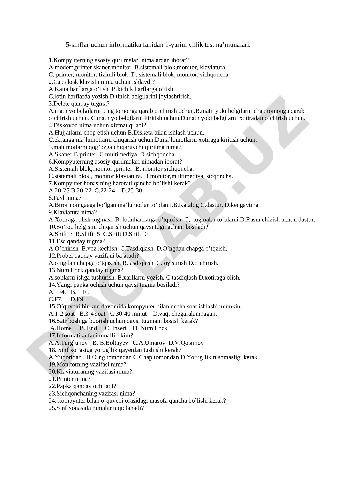5-sinf informatika 1-yarim yillik test