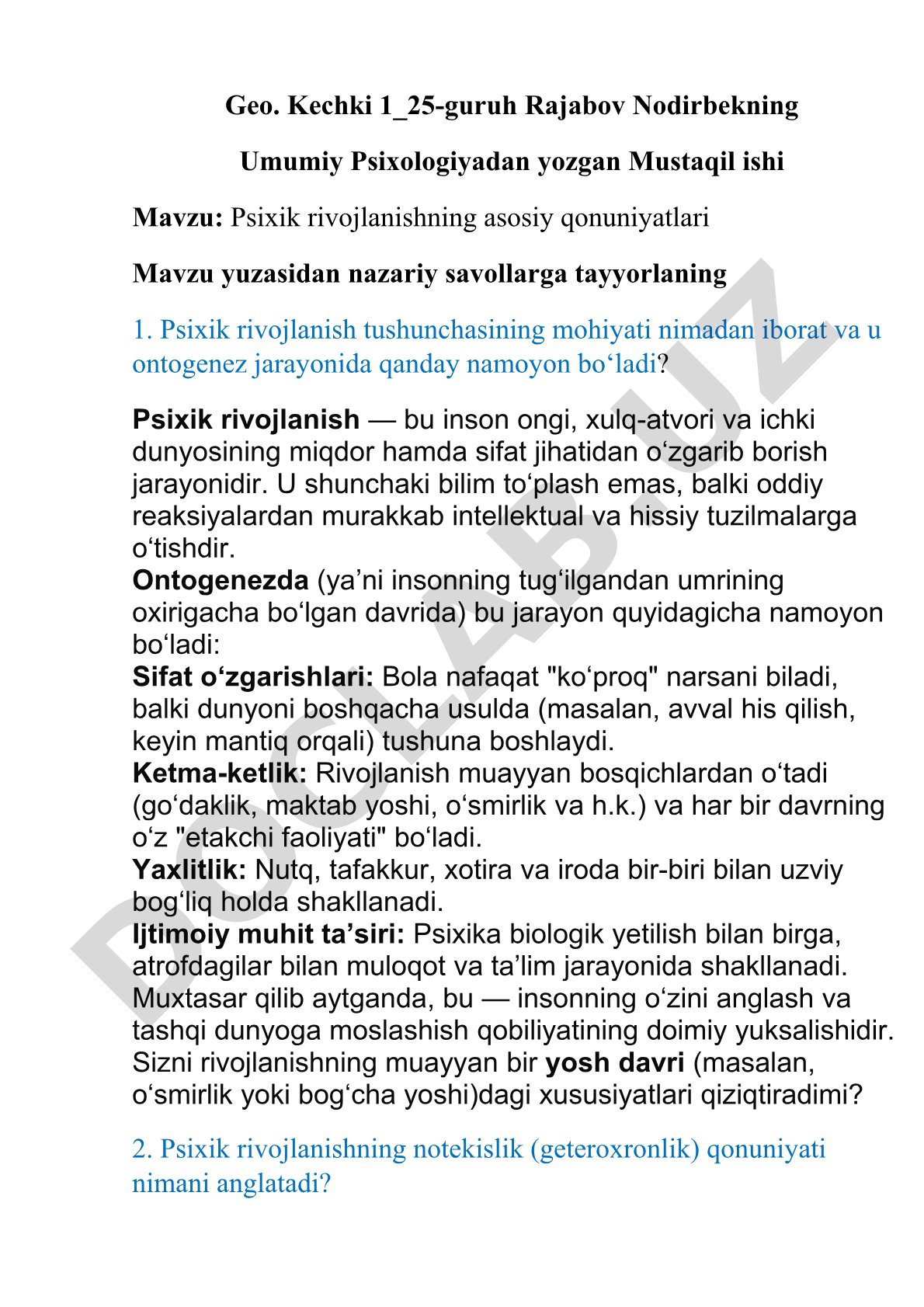 Psixik rivojlanishning asosiy qonuniyatlari