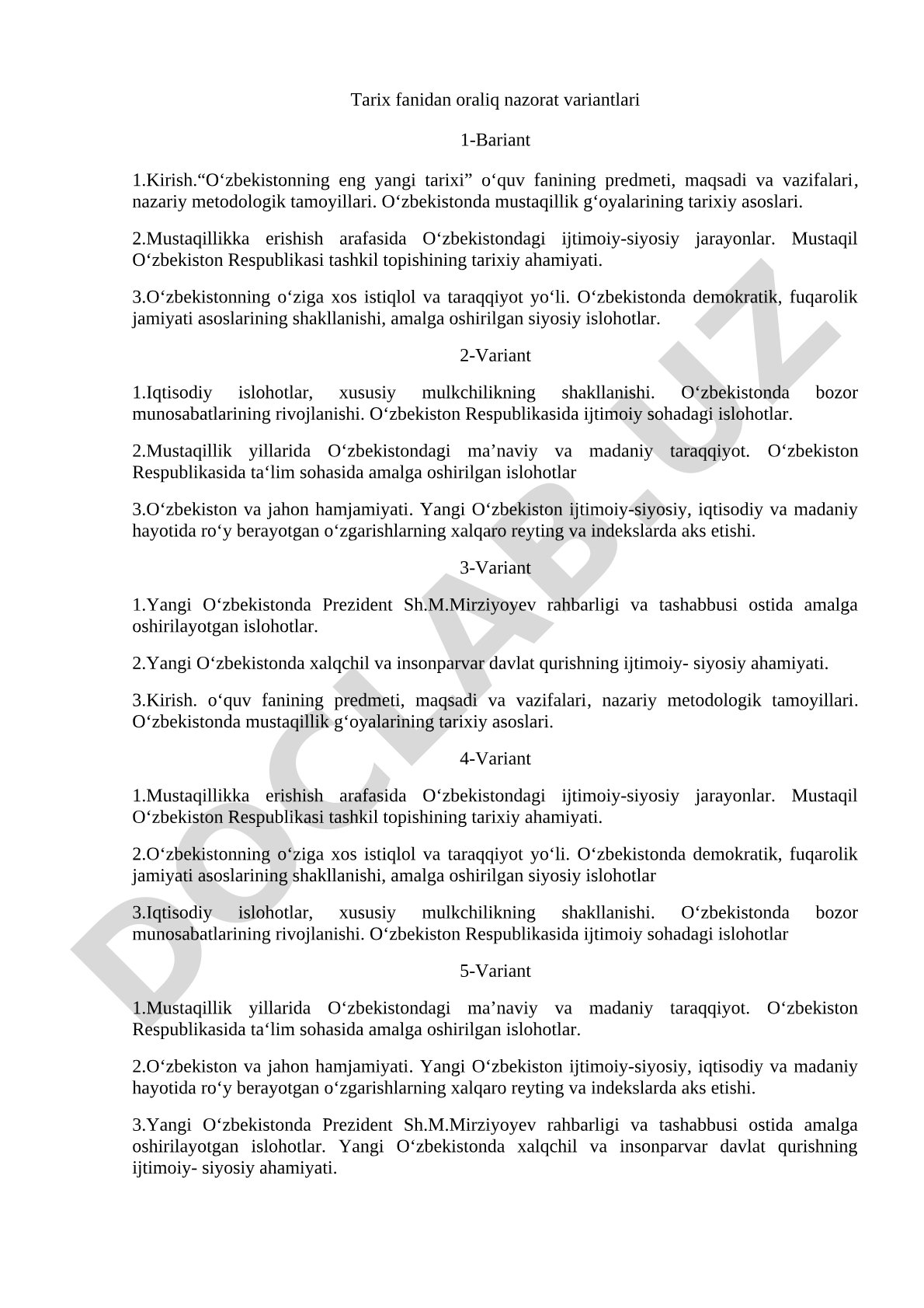 Tarix fanidan oraliq nazorat variantlari