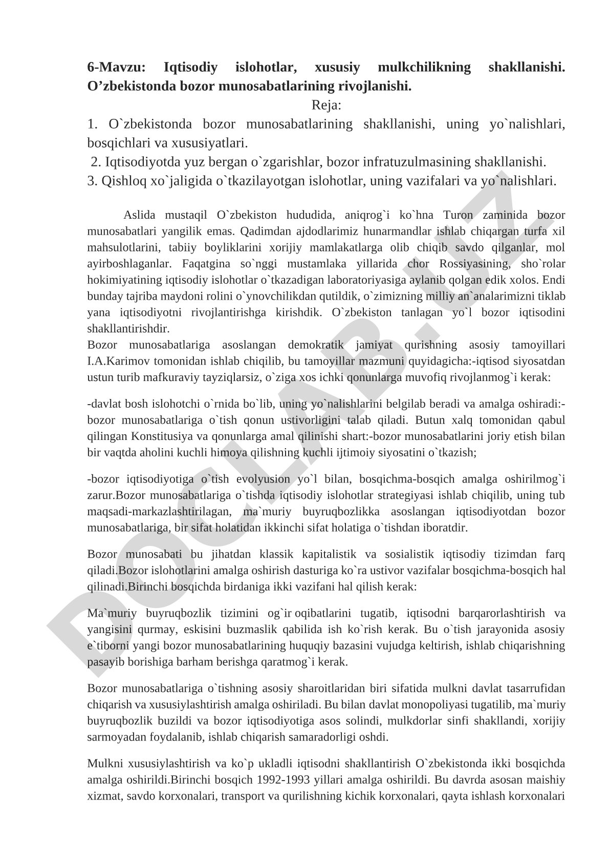 Iqtisodiy islohotlar, xususiy mulkchilikning shakllanishi. O’zbekistonda bozor munosabatlarining rivojlanishi