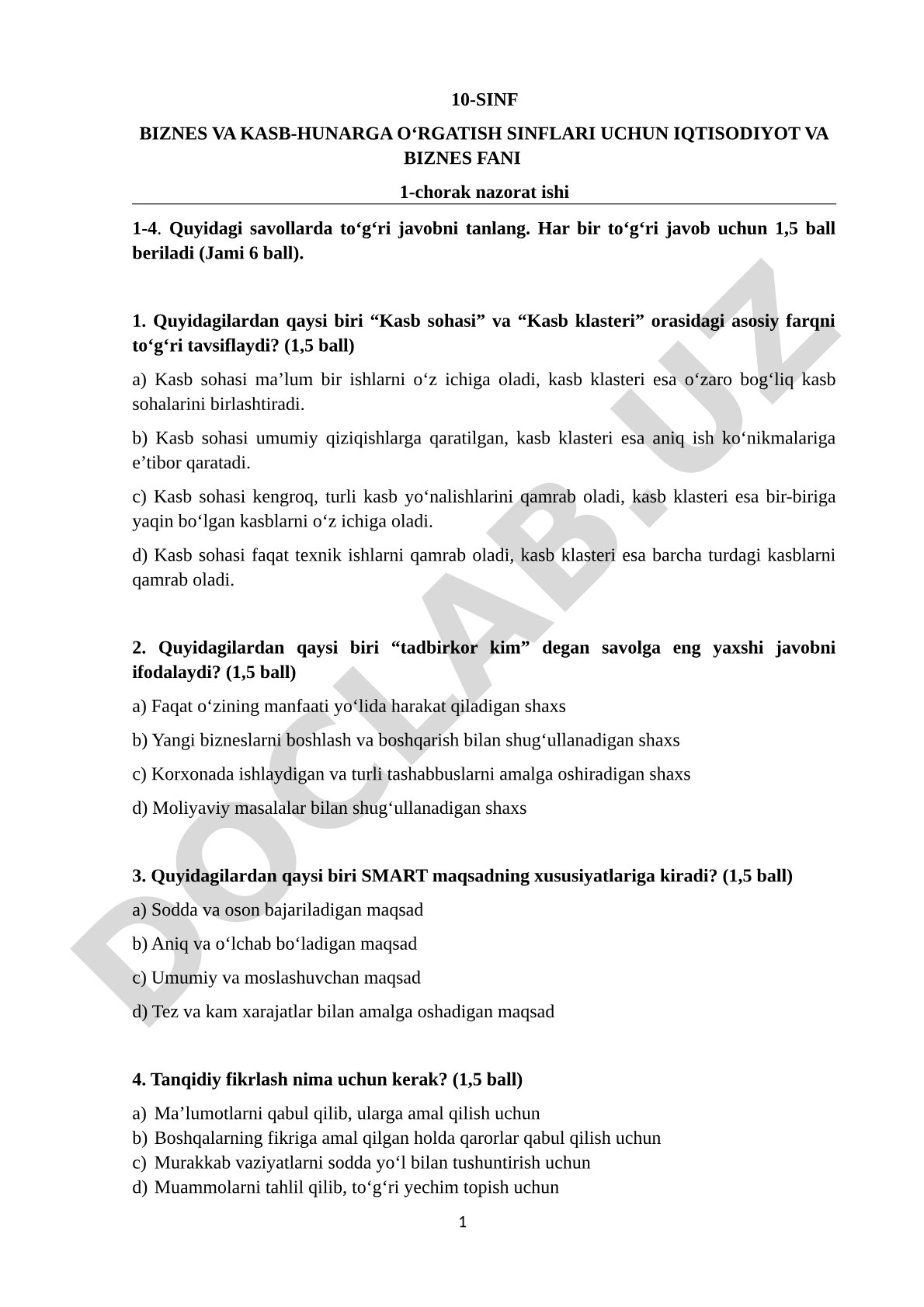10-SINF BIZNES VA KASB-HUNARGA O‘RGATISH SINFLARI UCHUN IQTISODIYOT VA BIZNES FANI 1-chorak nazorat ishi