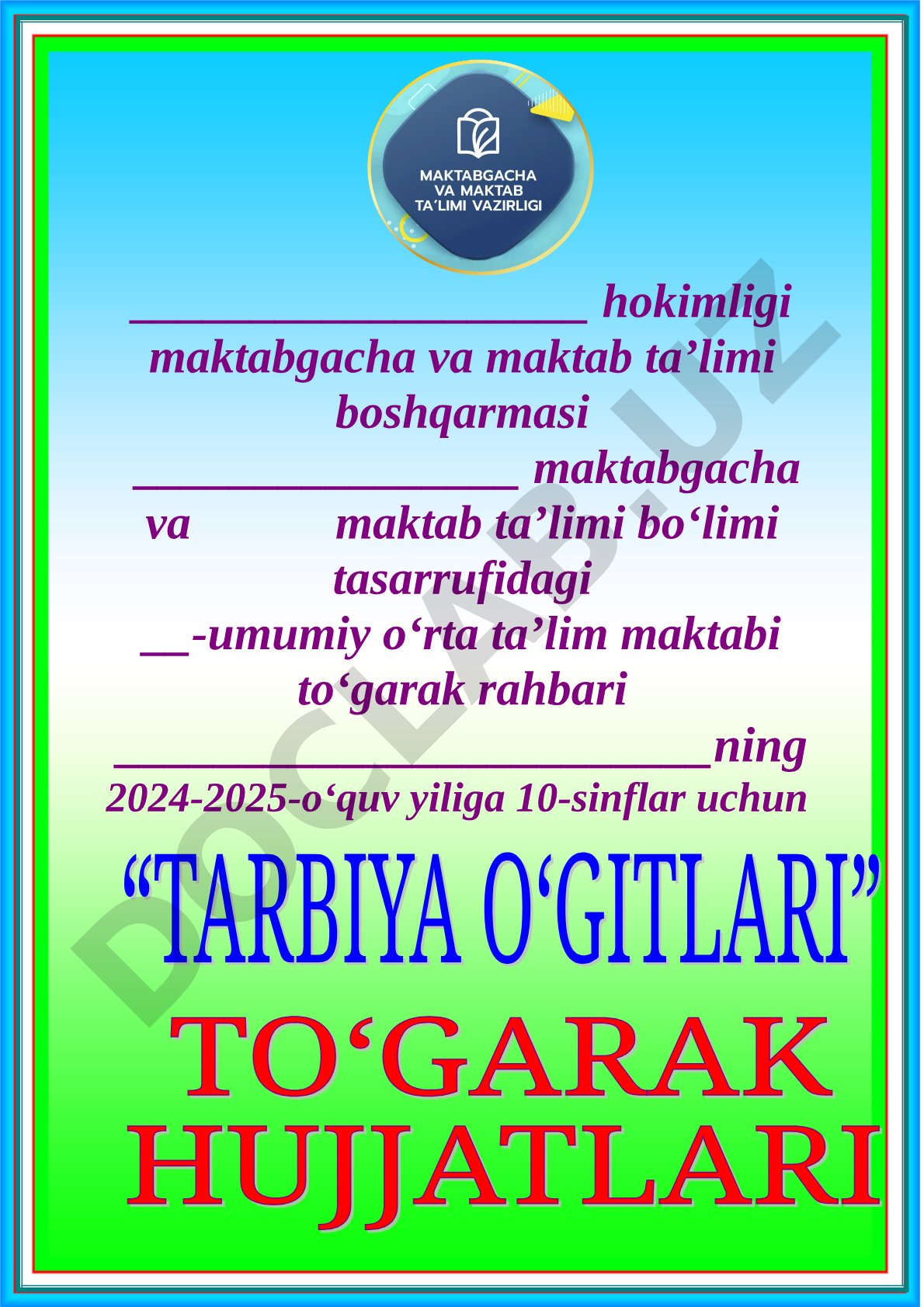 Tarbiya o'gitlari to'garagining 2024-2025-o'quv yiliga ish rejasi