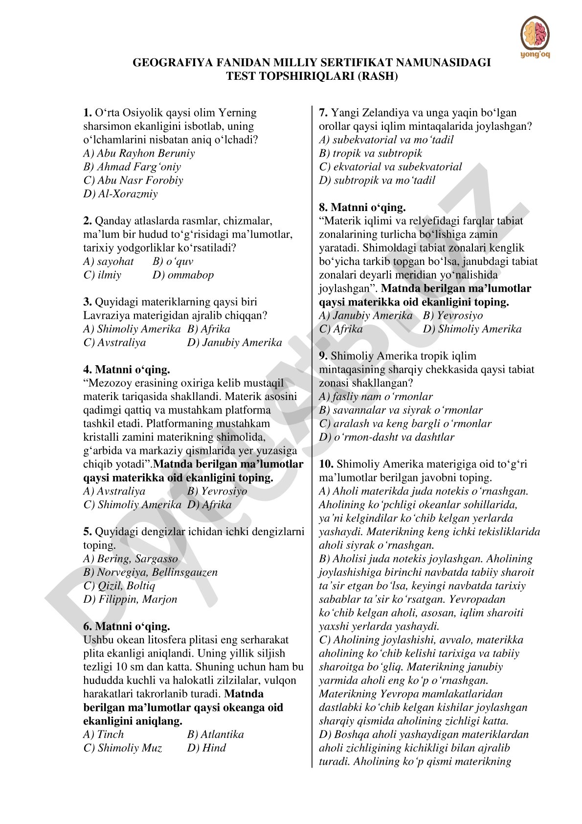 Geografiya fanidan milliy sertifikat namunadagi test topshiriqlari (RASH)