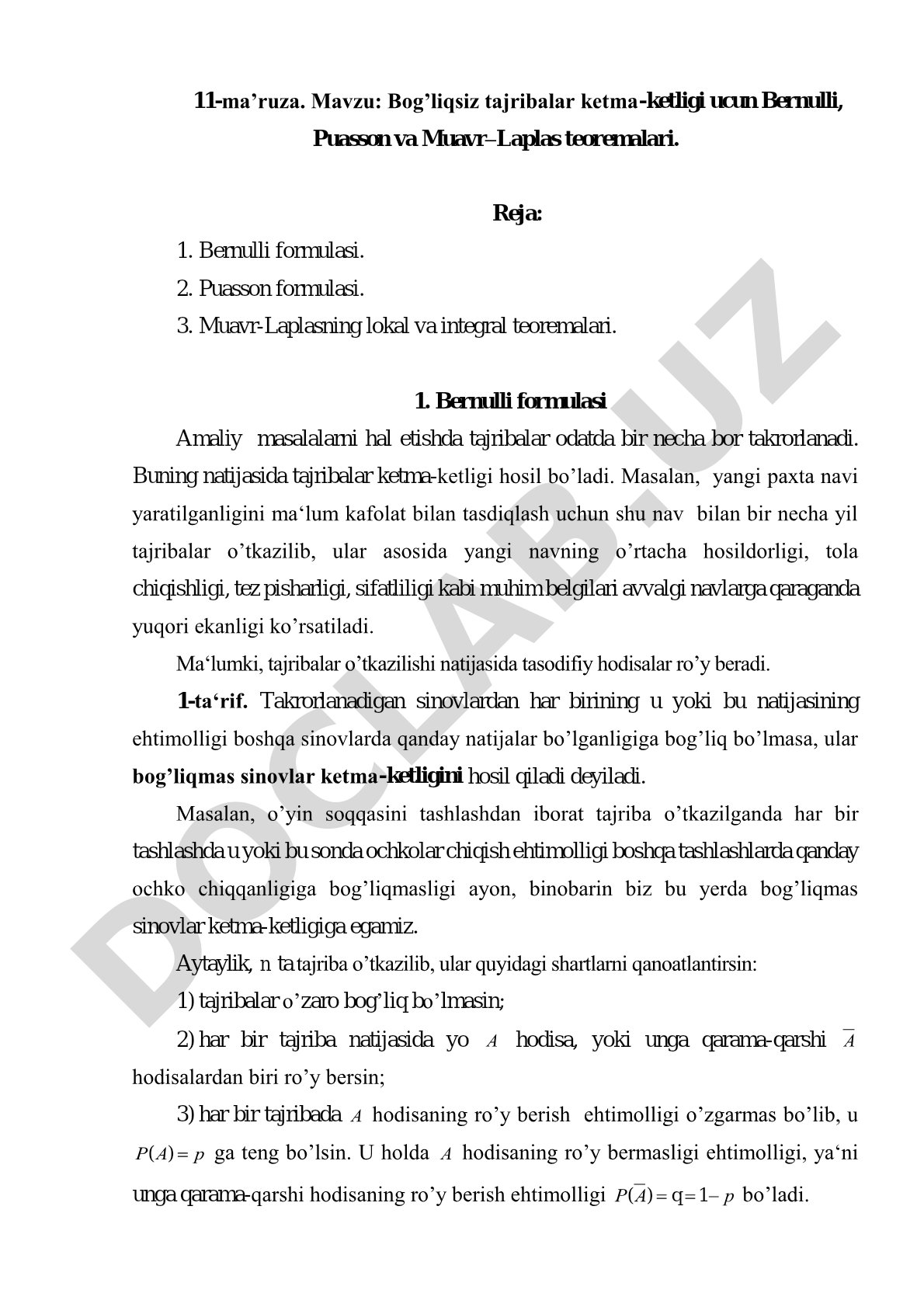 Bog’liqsiz tajribalar ketma-ketligi ucun Bernulli, Puasson va Muavr–Laplas teoremalari
