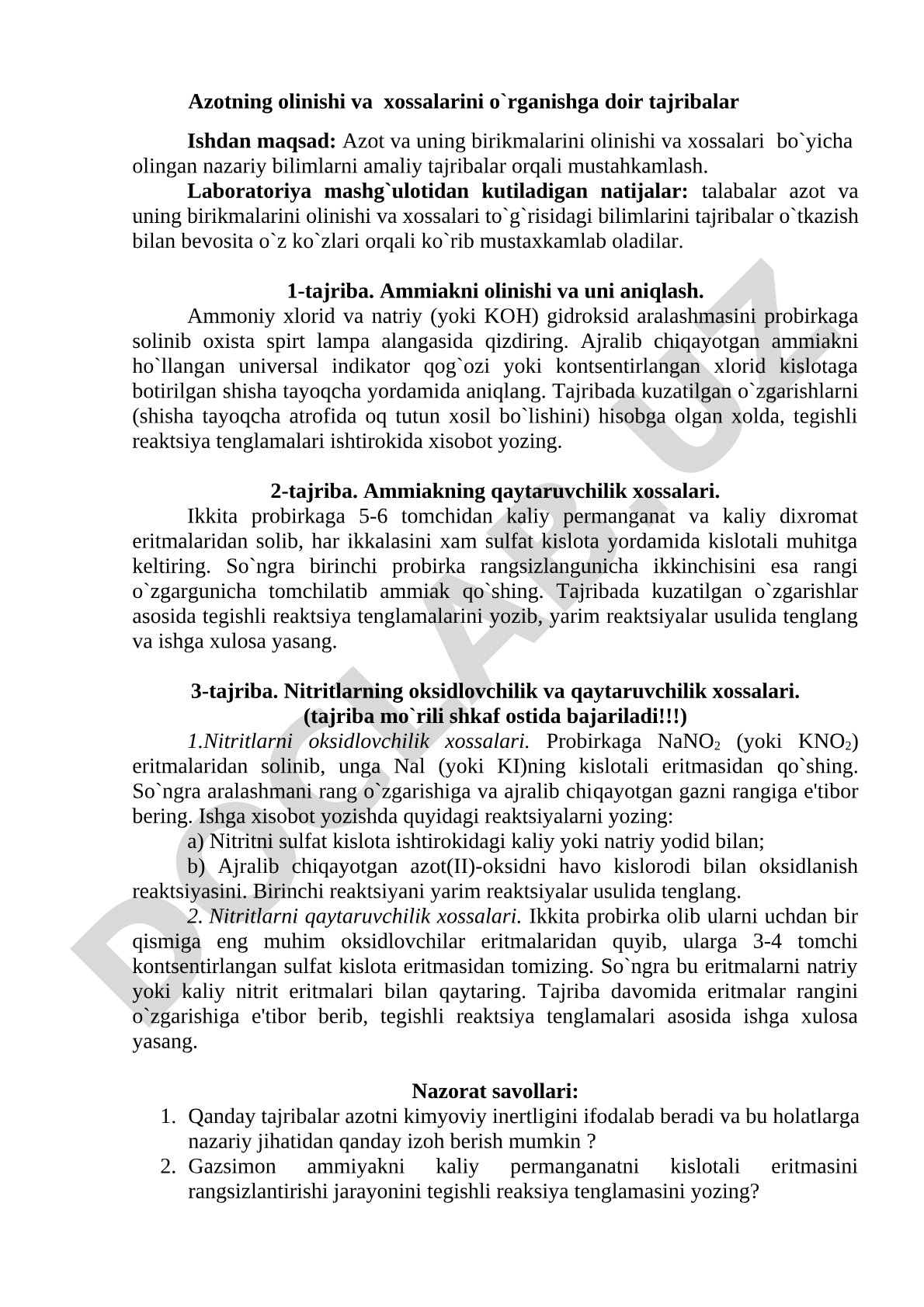Azotning olinishi va xossalarini o'rganishga doir tajribalar