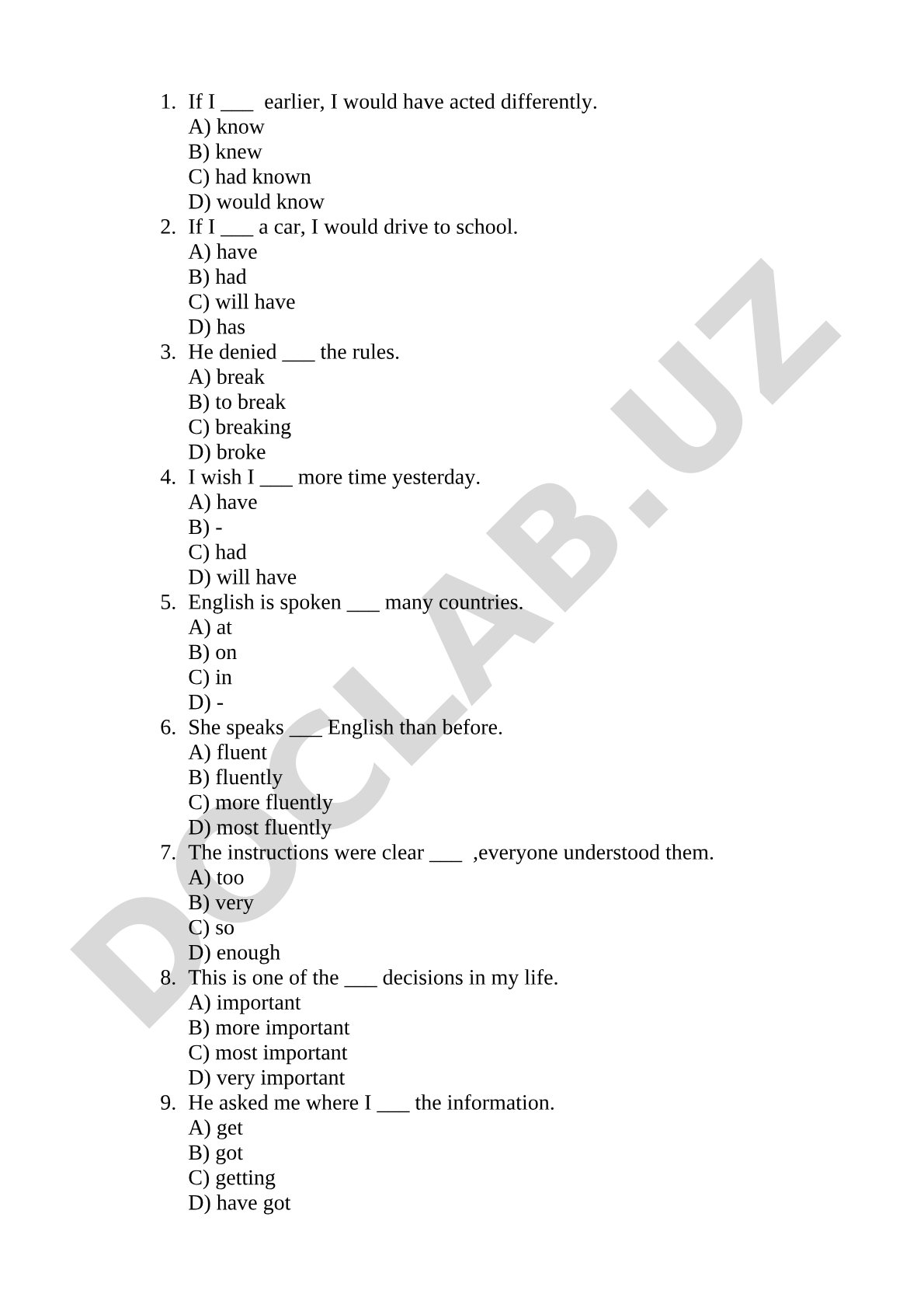 English grammar vocabulary and reading test