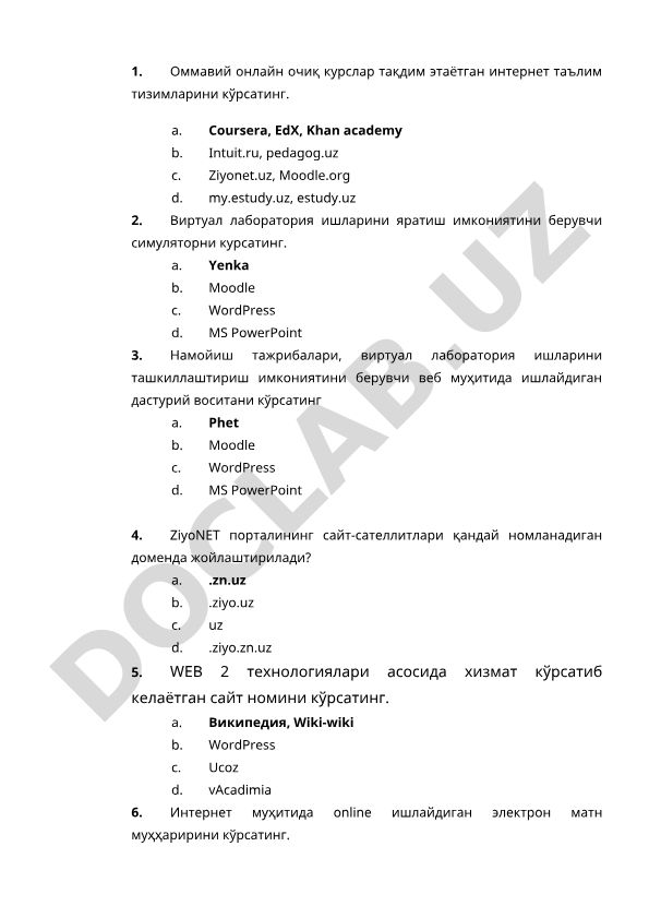 Elektron ta'lim tizimlari va vositalari test savollari