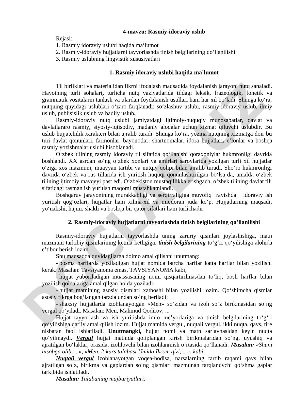 Rasmiy-idoraviy uslub haqida ma'lumot, tinish belgilari va lingvistik xususiyatlar