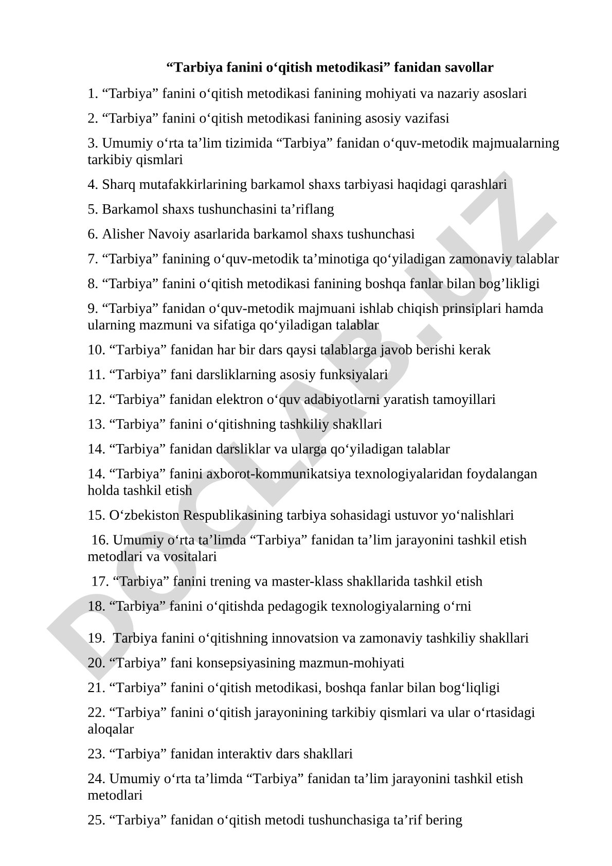 Tarbiya fanini o‘qitish metodikasi fanidan savollar