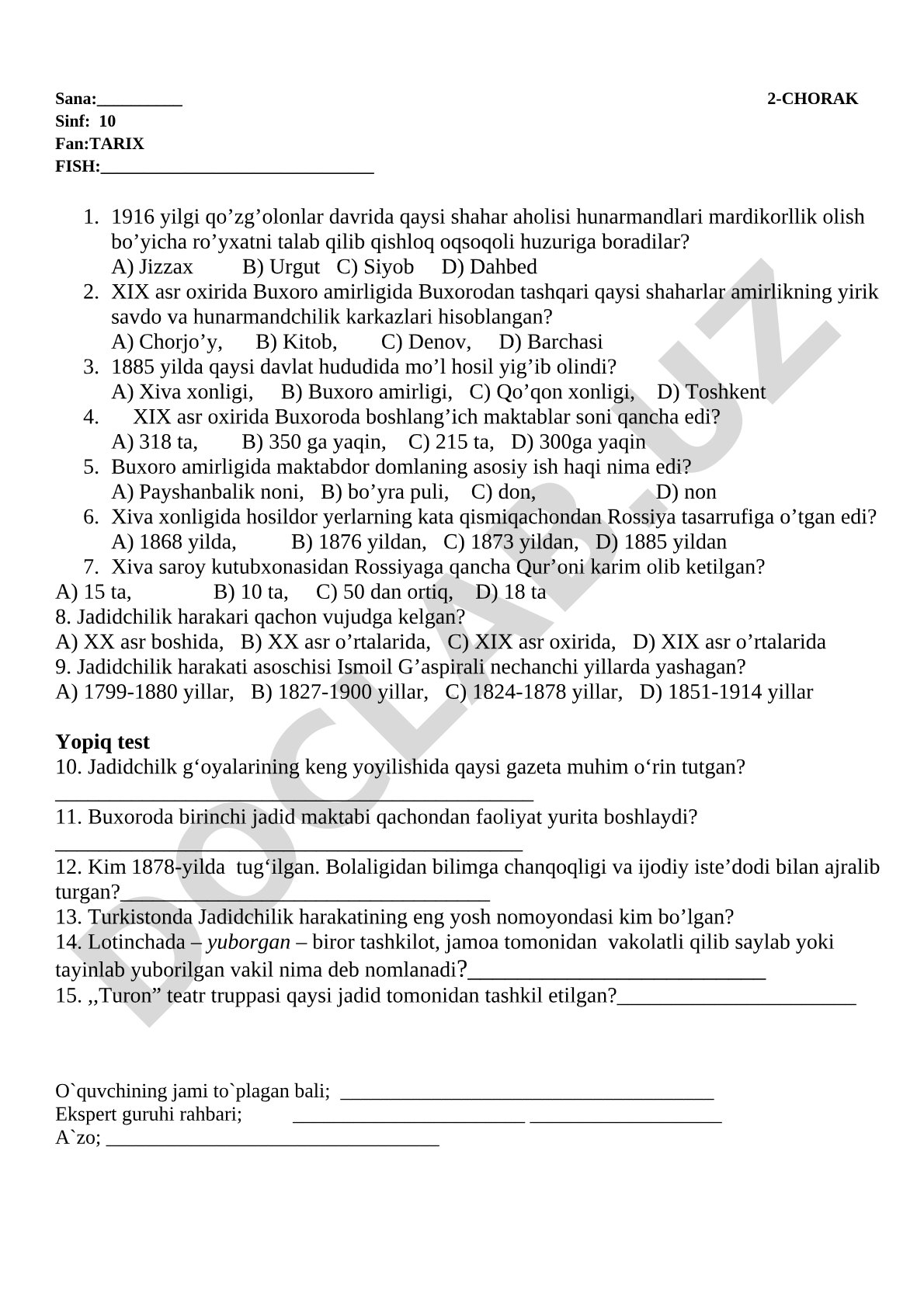 10-sinf tarix fanidan 2-chorak test savollari
