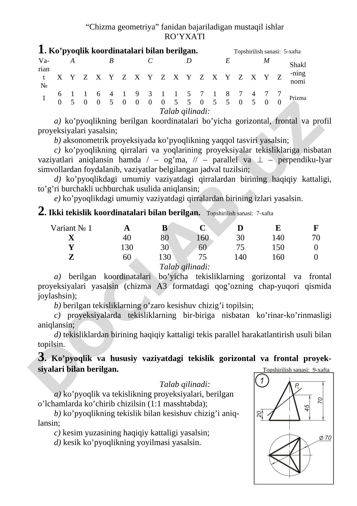 Chizma geometriya fanidan mustaqil ishlar