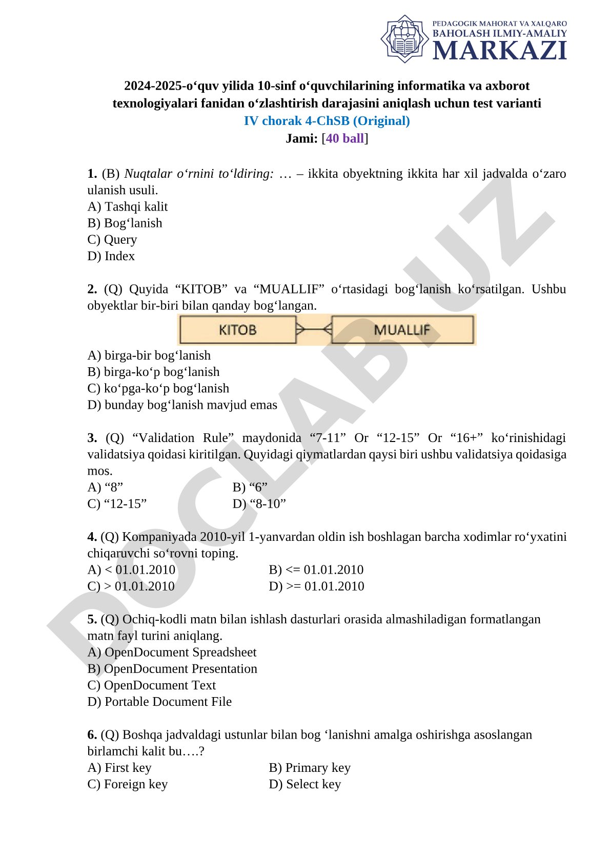 10-sinf informatika va axborot texnologiyalari fanidan 4-ChSB test varianti