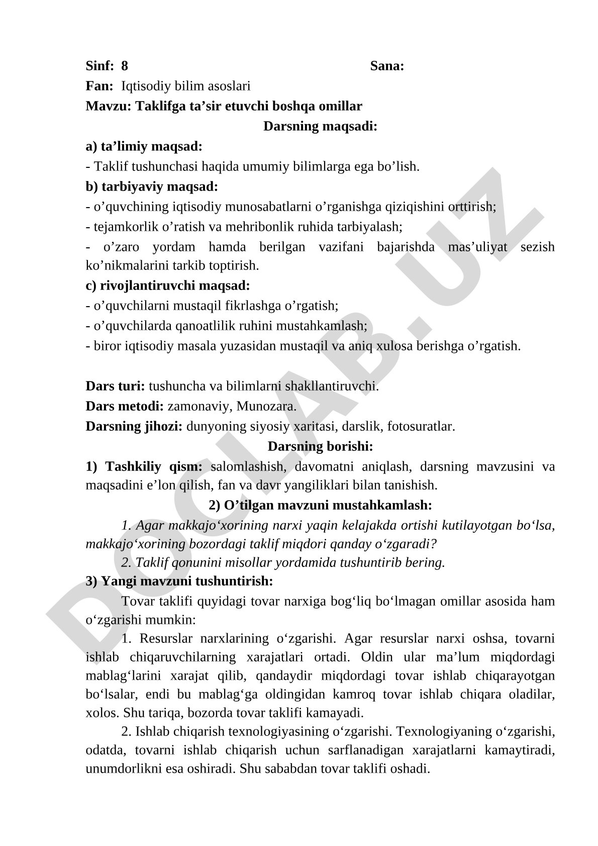 Taklifga ta’sir etuvchi boshqa omillar