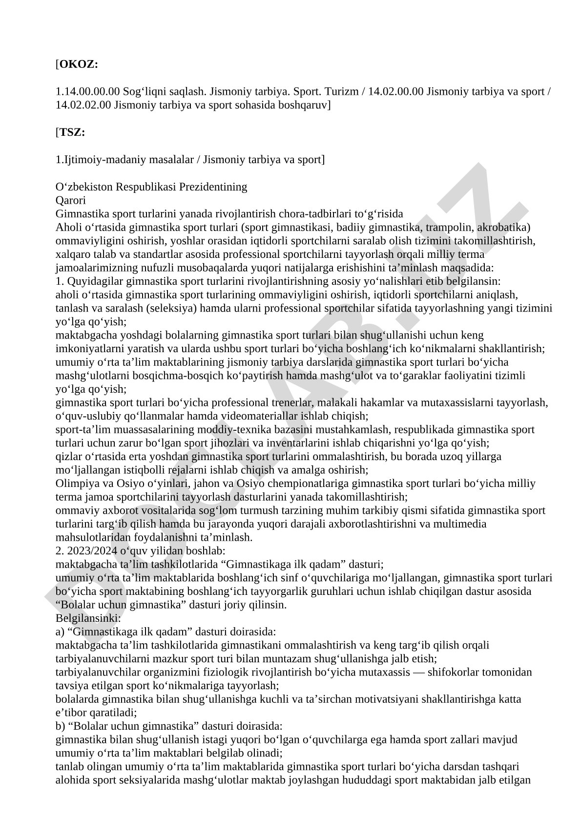 Gimnastika sport turlarini yanada rivojlantirish chora-tadbirlari to‘g‘risida