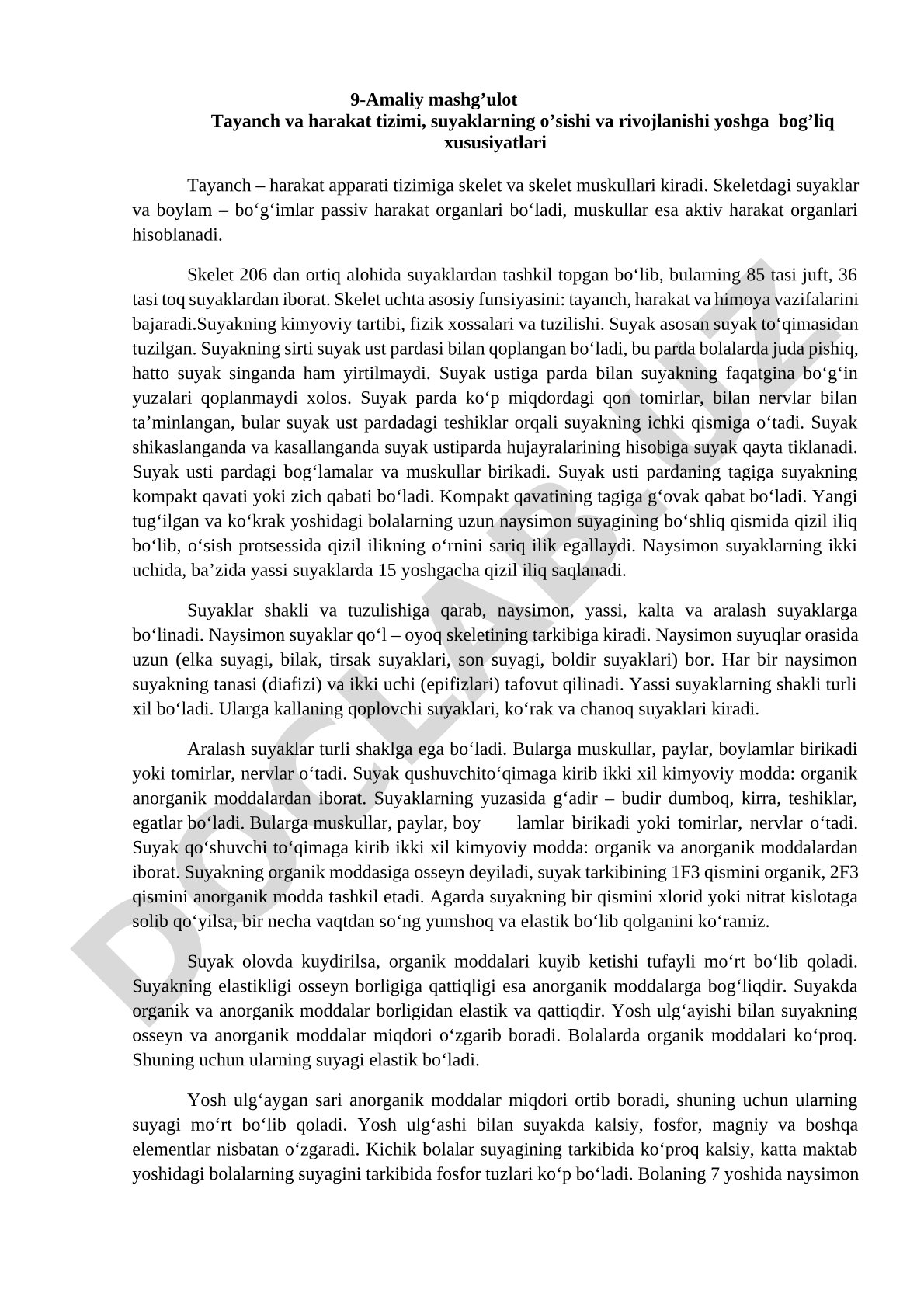 Tayanch va harakat tizimi, suyaklarning o'sishi va rivojlanishi yoshga bog'liq xususiyatlari