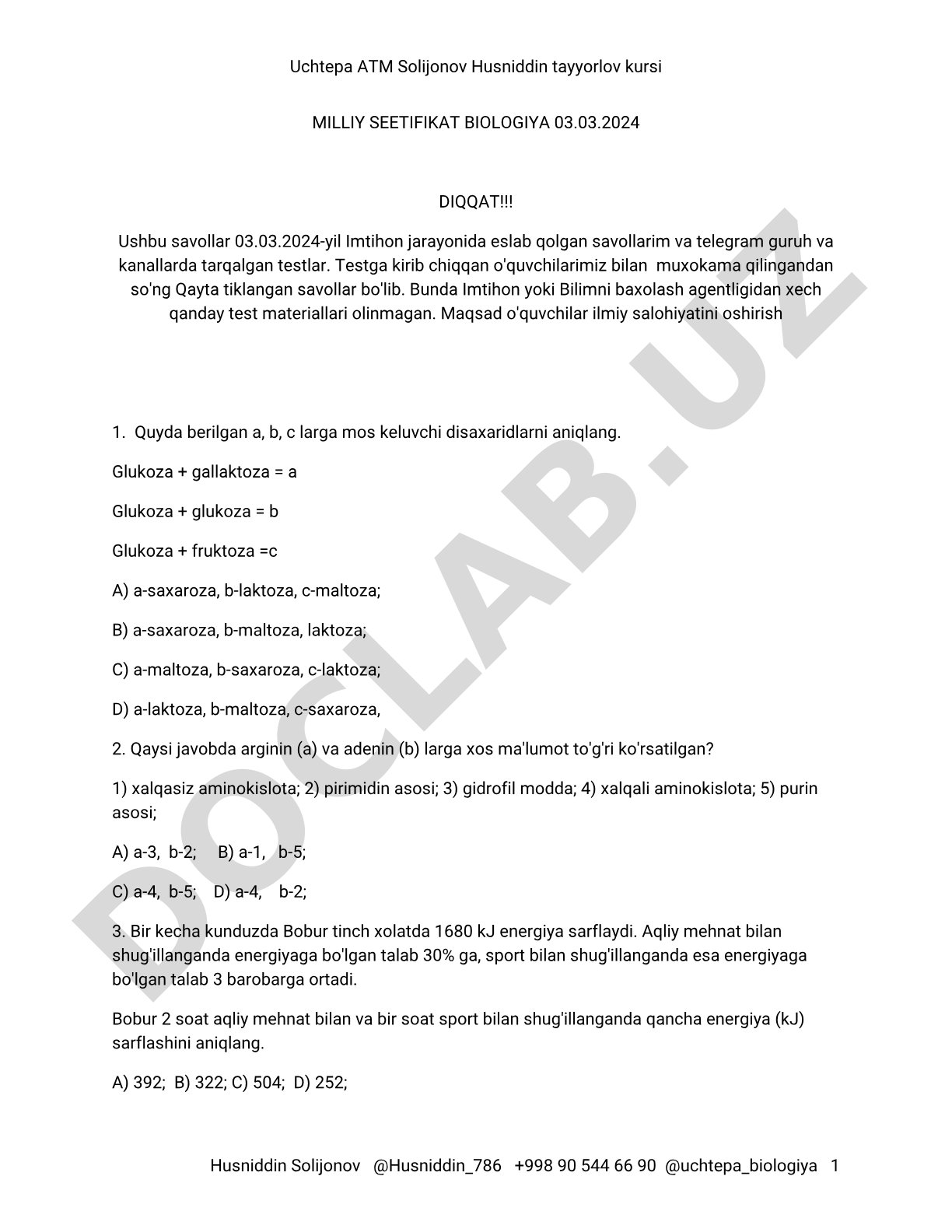 Biologiya fanidan test savollari