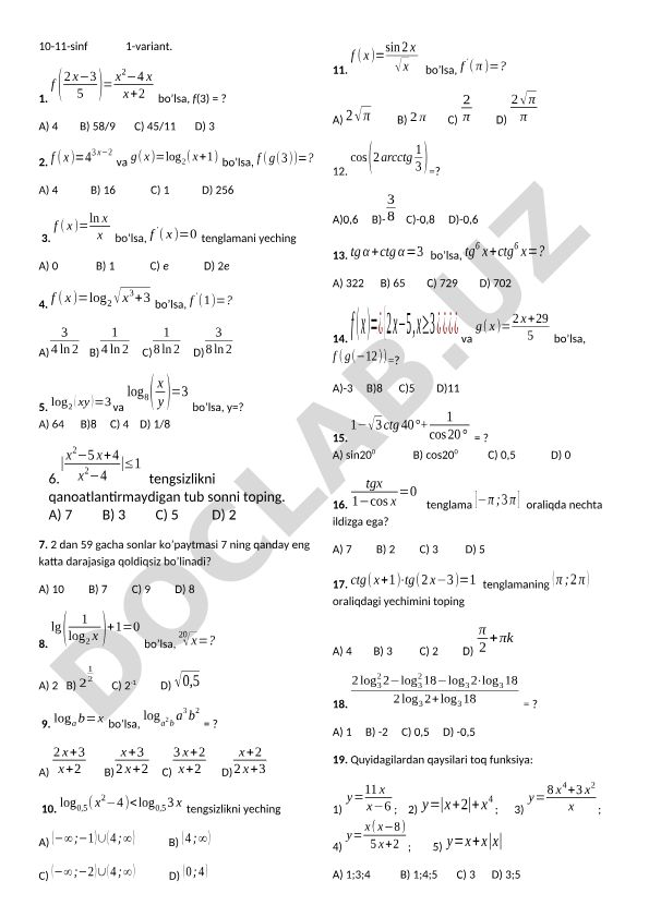 10-11-sinf matematika test savollari va javoblari