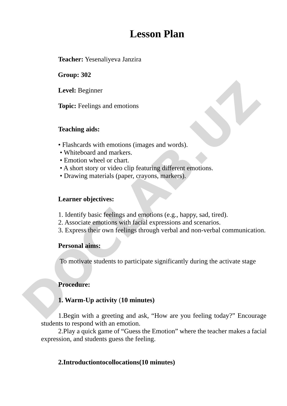 Lesson plan for teaching feelings and emotions to beginner level students