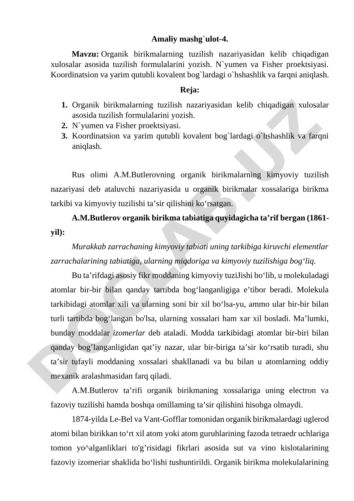 Organik birikmalarning tuzilish nazariyasidan kelib chiqadigan xulosalar asosida tuzilish formulalarini yozish